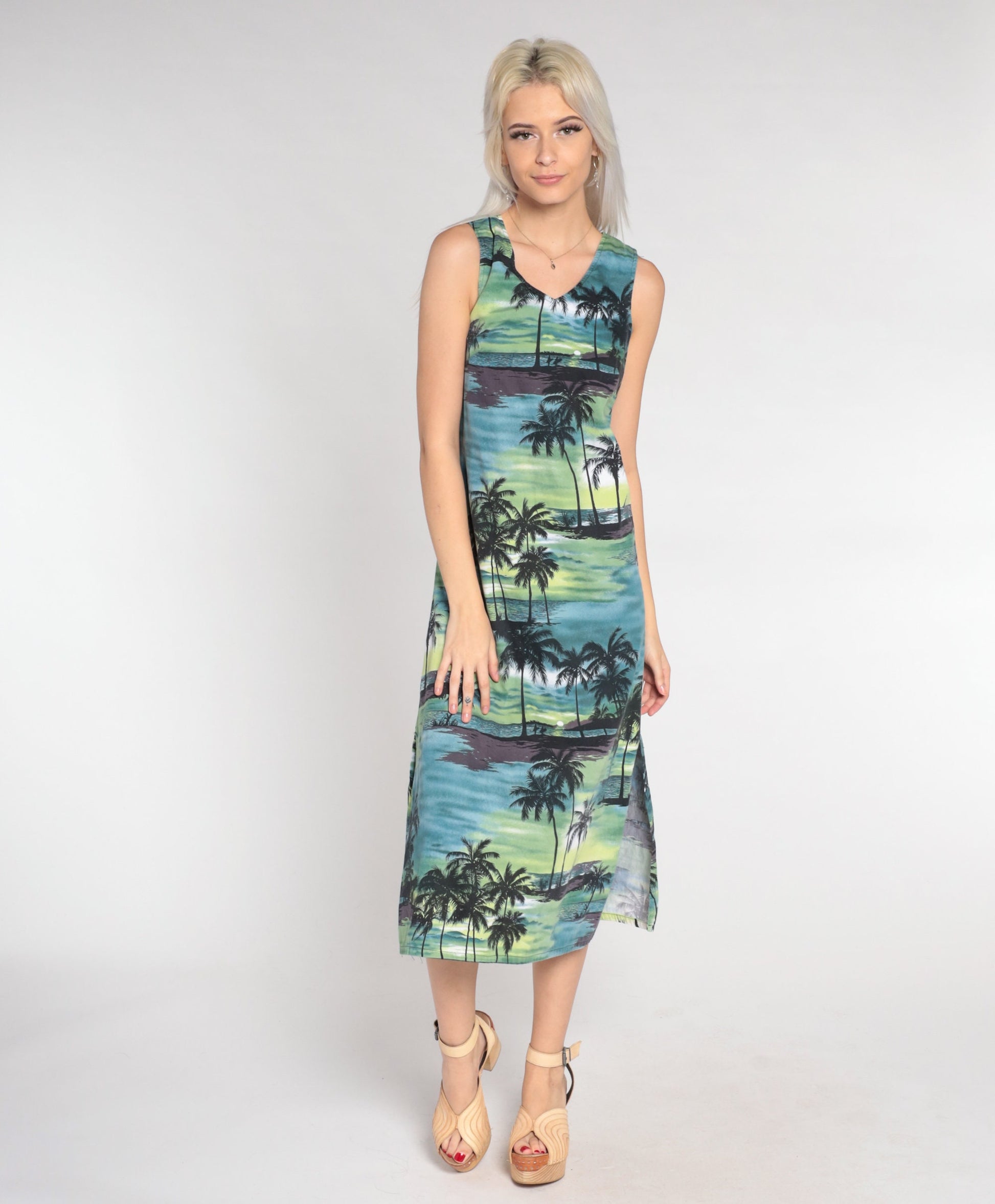 90s Tropical Palm Tree Midi Dress Blue Green Sleeveless Cotton Extra Small