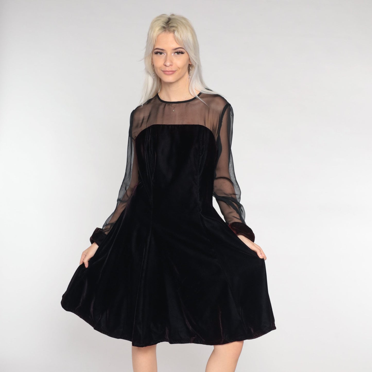 90s Black Velvet Mini Dress Illusion Neckline Long Sleeve Party Large