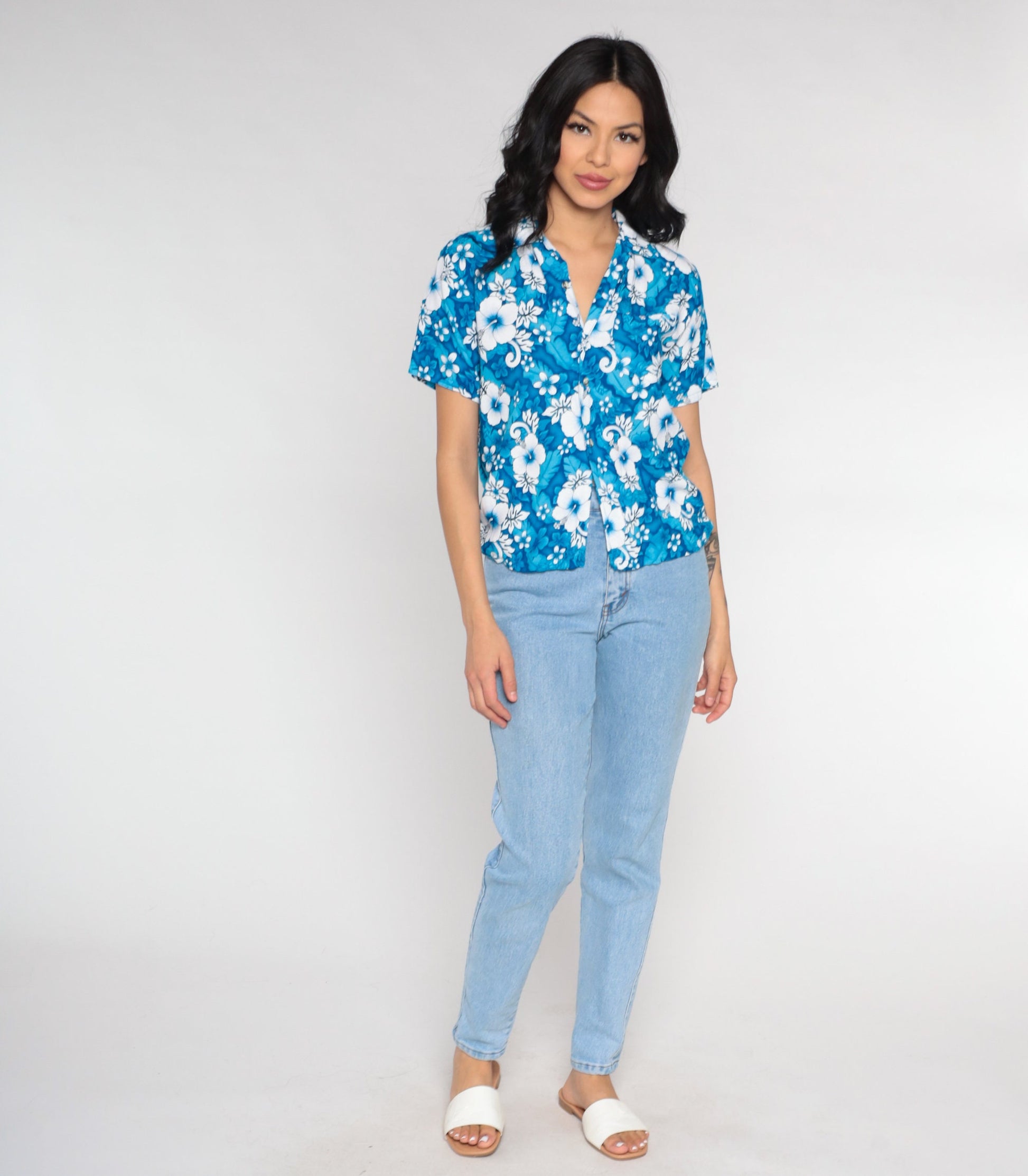 90s Blue Hawaiian Floral Button Up Blouse Short Sleeve Extra Small