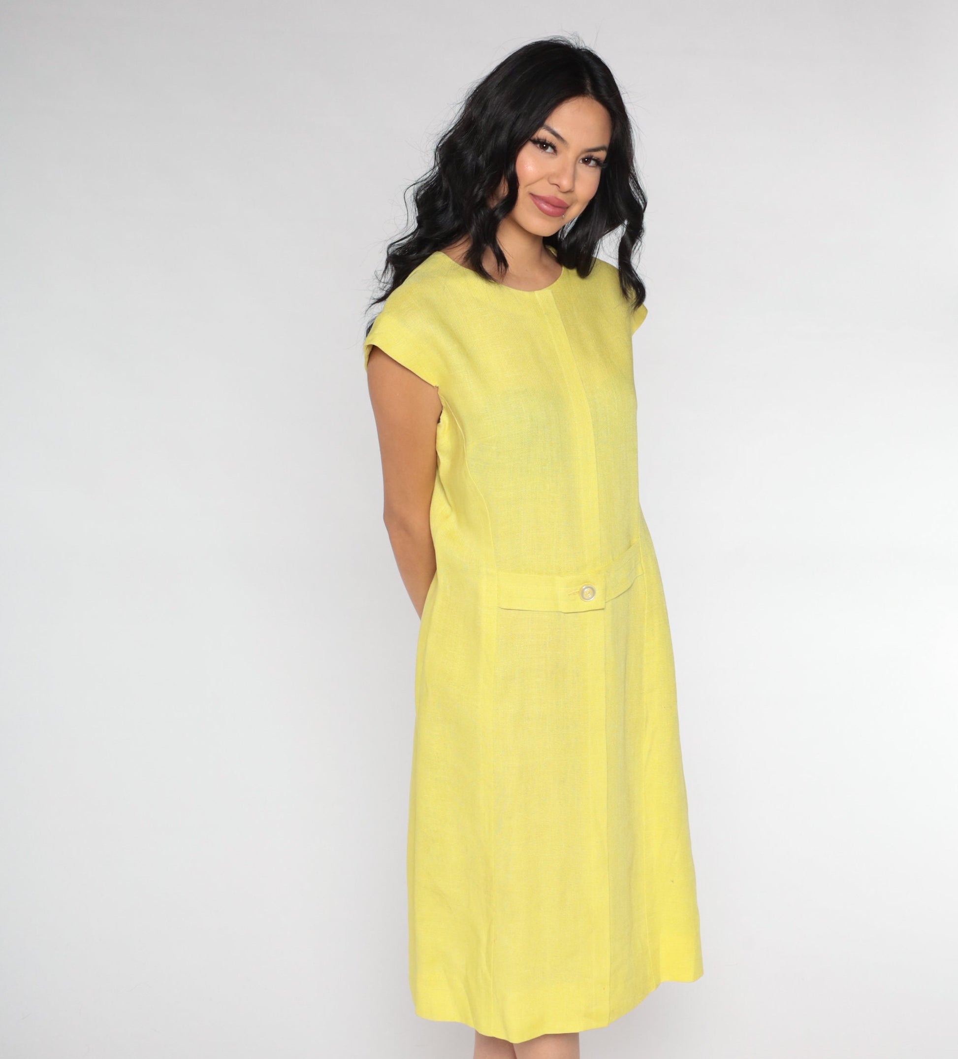 1960s Yellow Linen Shift Dress Cap Sleeve Knee Length Medium
