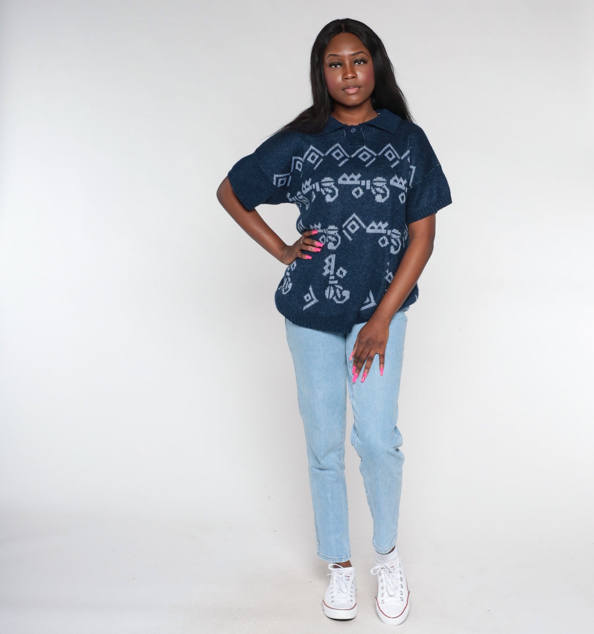 90s Navy Knit Polo Shirt Geometric Print Collared Short Sleeve Large