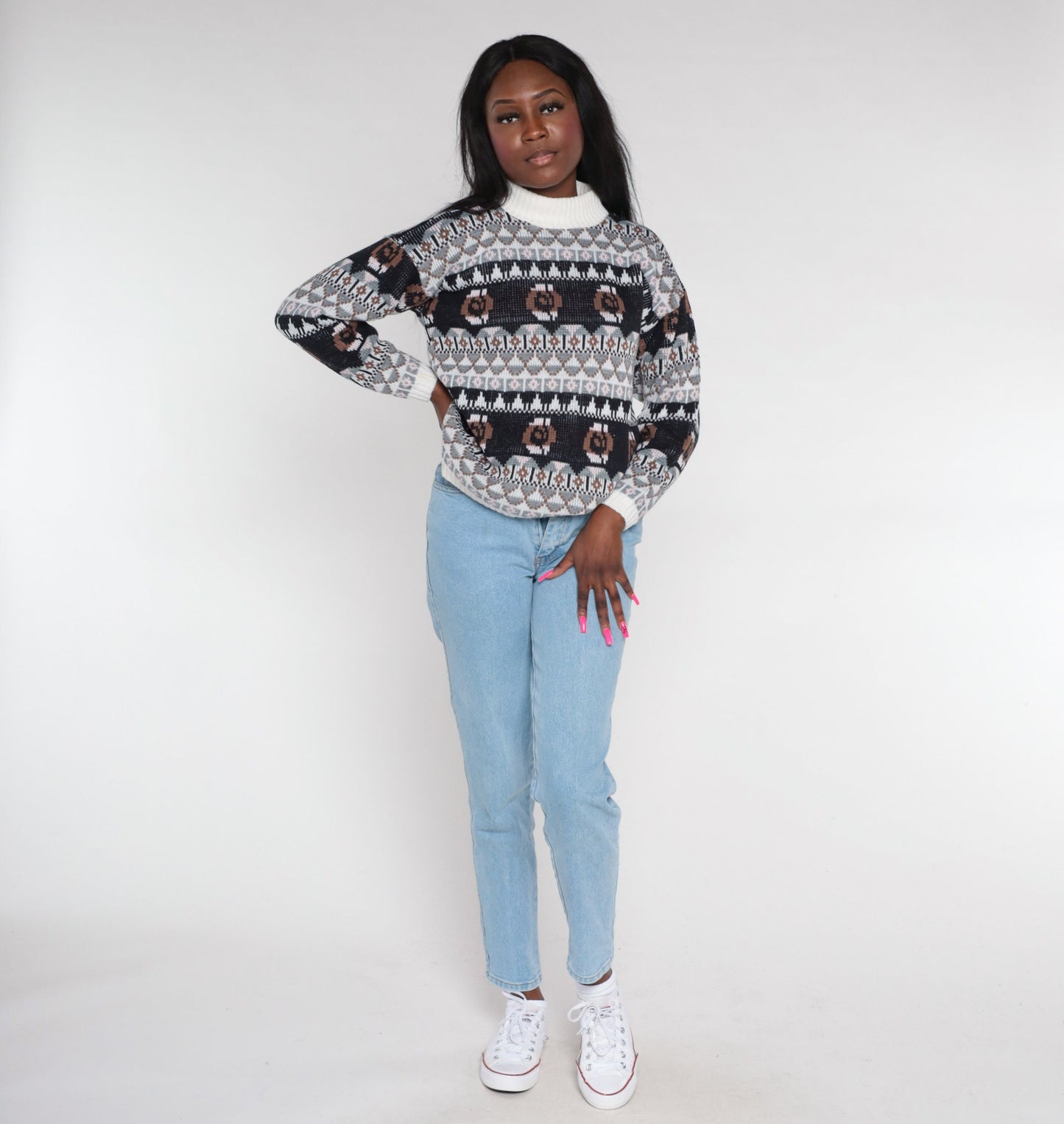 90s Geometric Fair Isle Knit Sweater Mock Neck Pullover Black White Grey Brown Medium