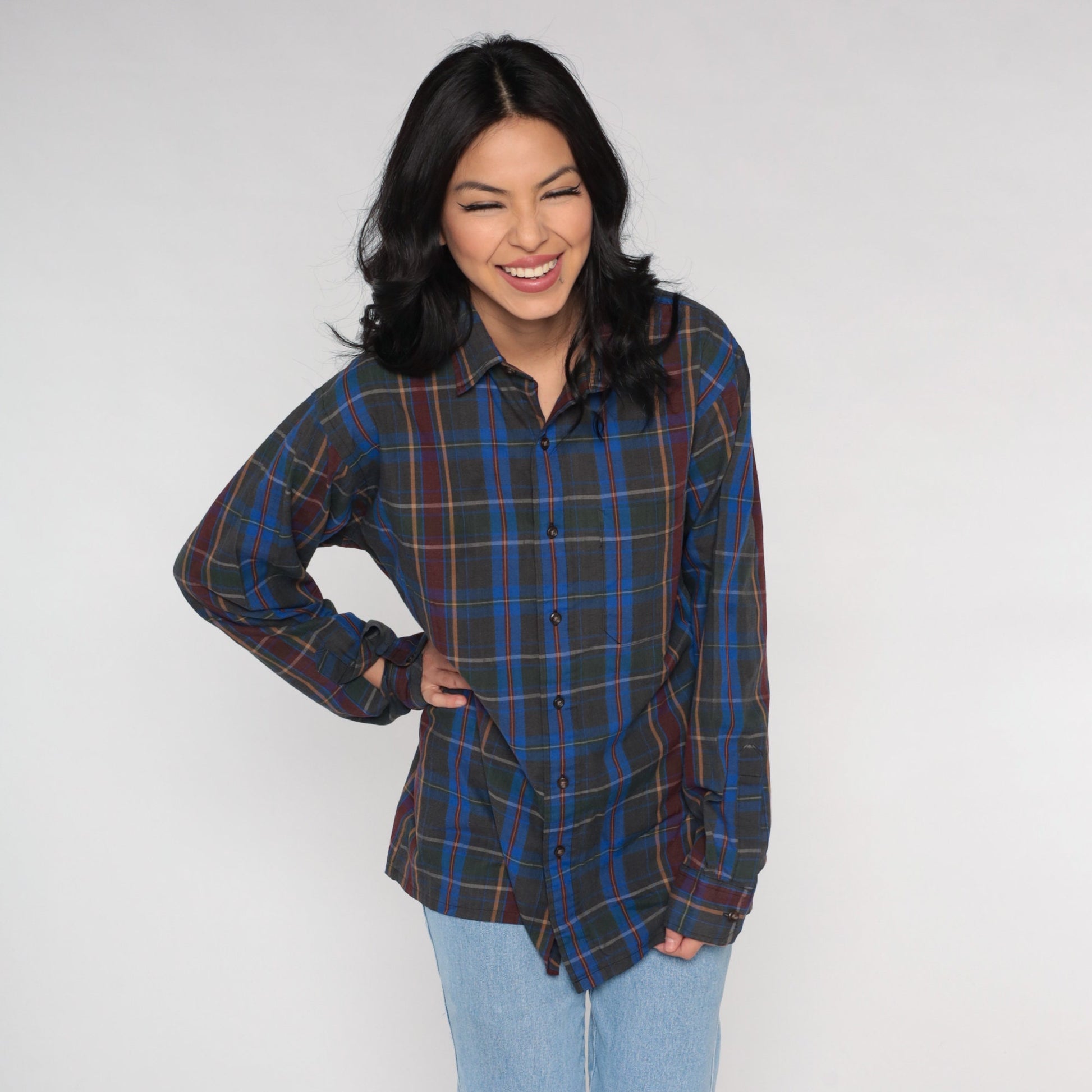 90s Grey Blue Plaid Button-Up Shirt Long Sleeve Mens Large L