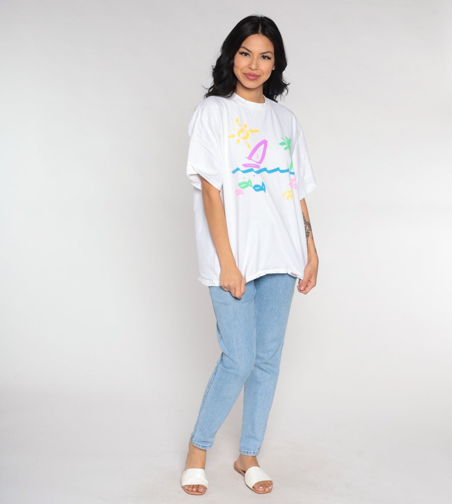 90s Crazy Shirts Sailboat Tropical Beach Graphic Tee White Large L