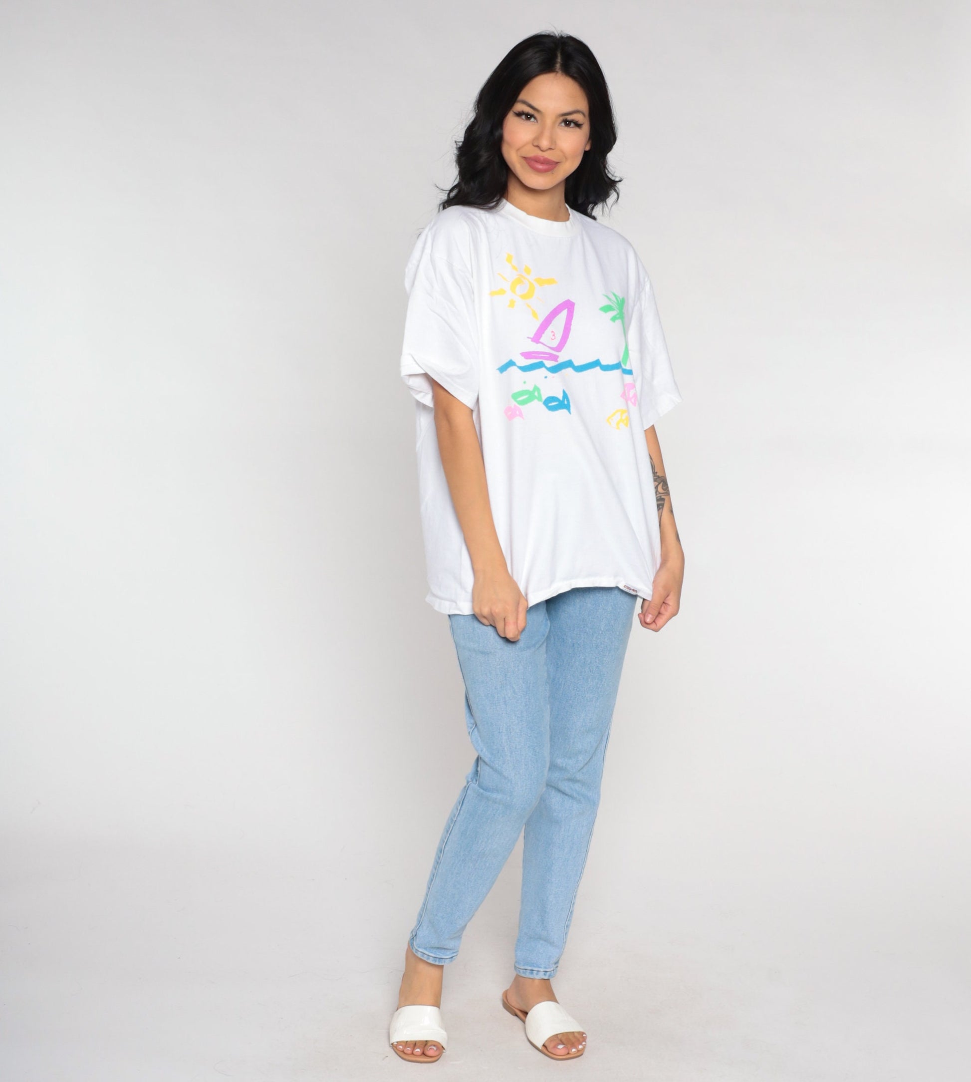 90s Crazy Shirts Sailboat Tropical Beach Graphic Tee White Large L