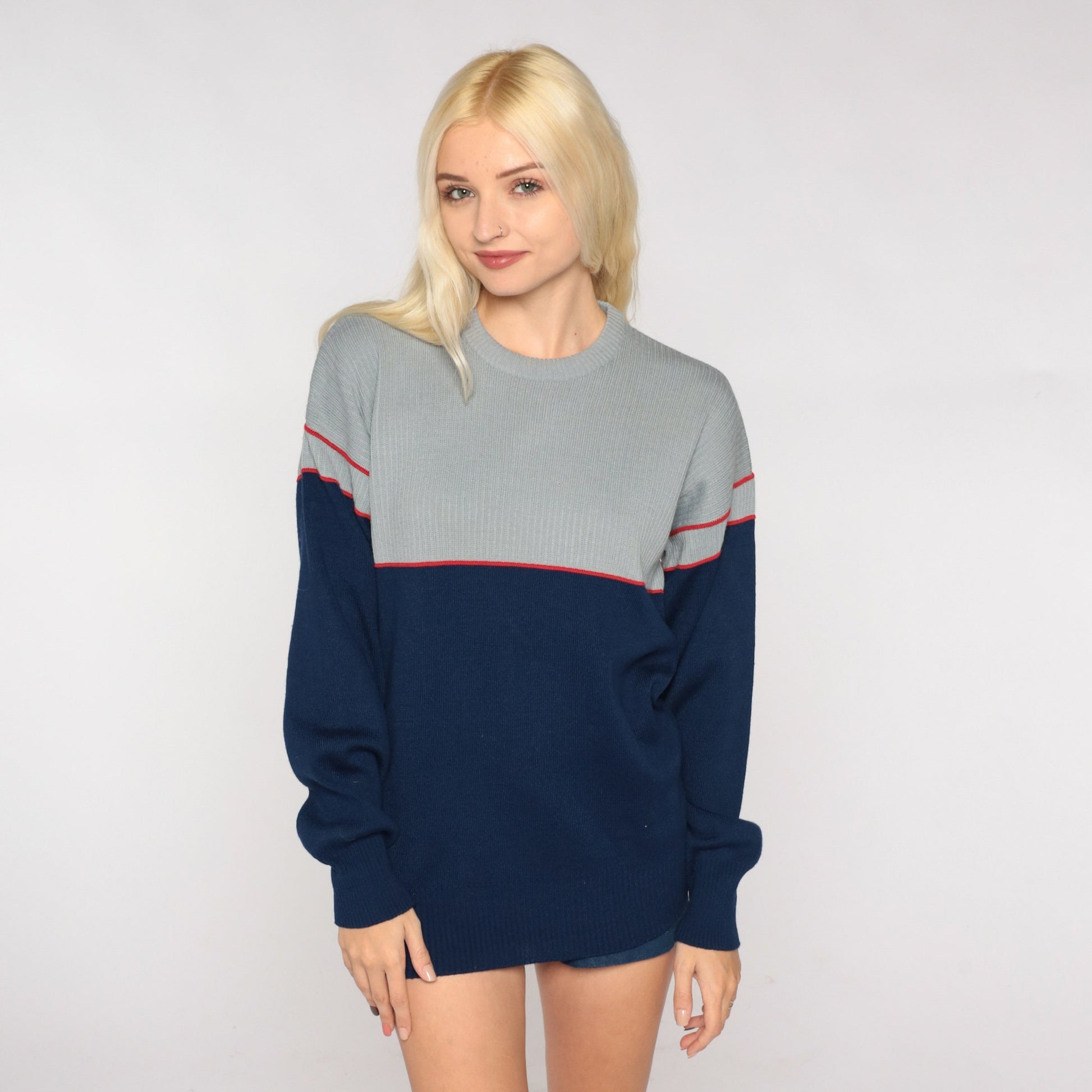 80s Ossi Skiwear Colour Block Wool Blend Sweater Grey Navy Medium