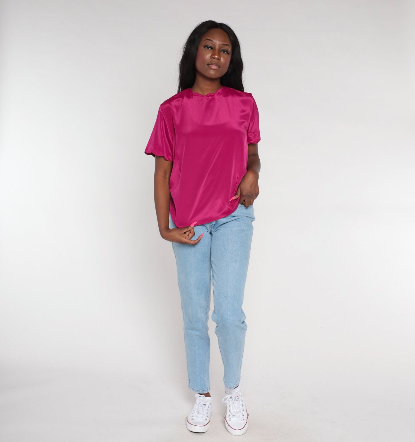 90s Fuchsia Pink Blouse Scalloped Neckline Short Sleeve Medium