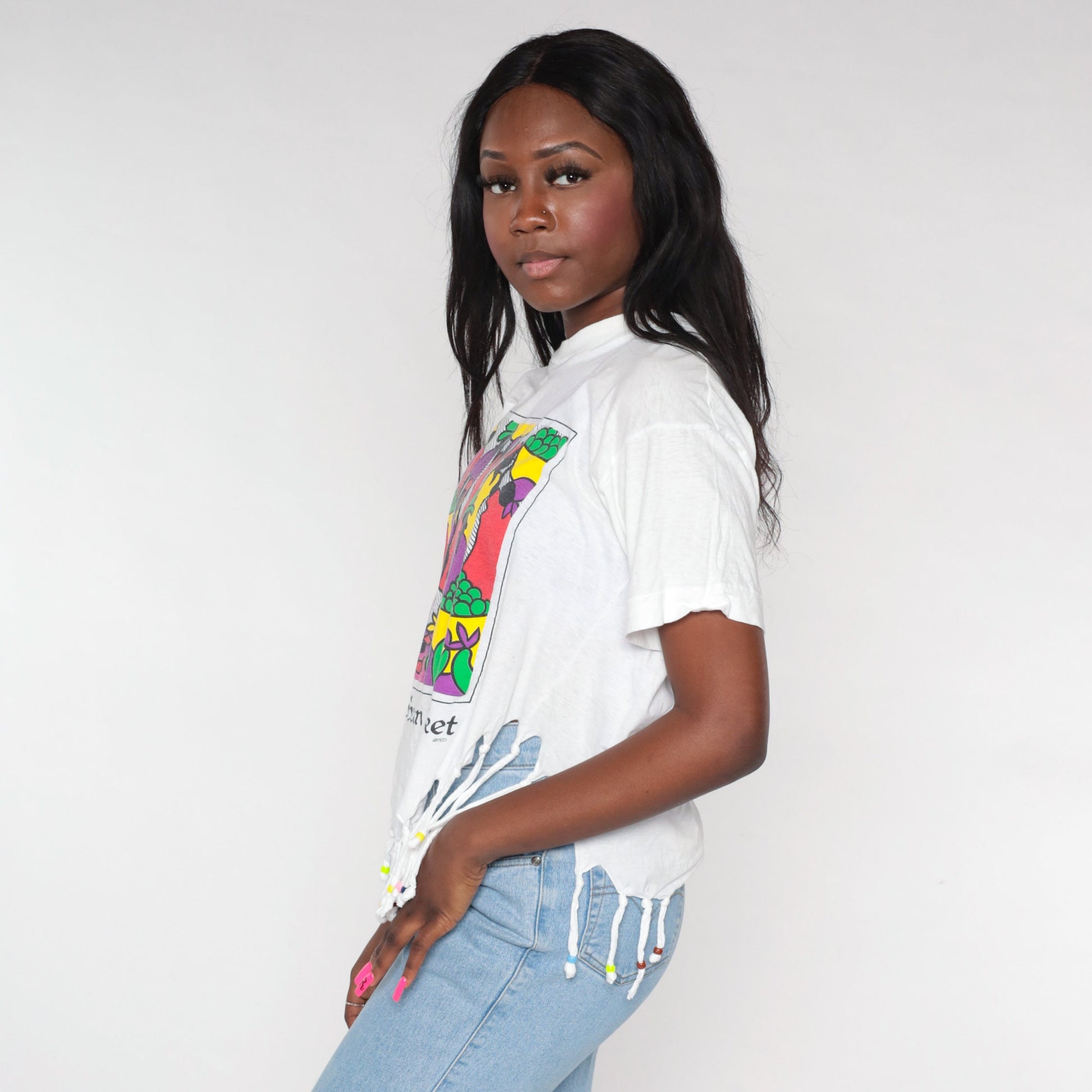 90s Caribbean Market St. Martin Graphic T-Shirt Beaded Fringe White Medium Large