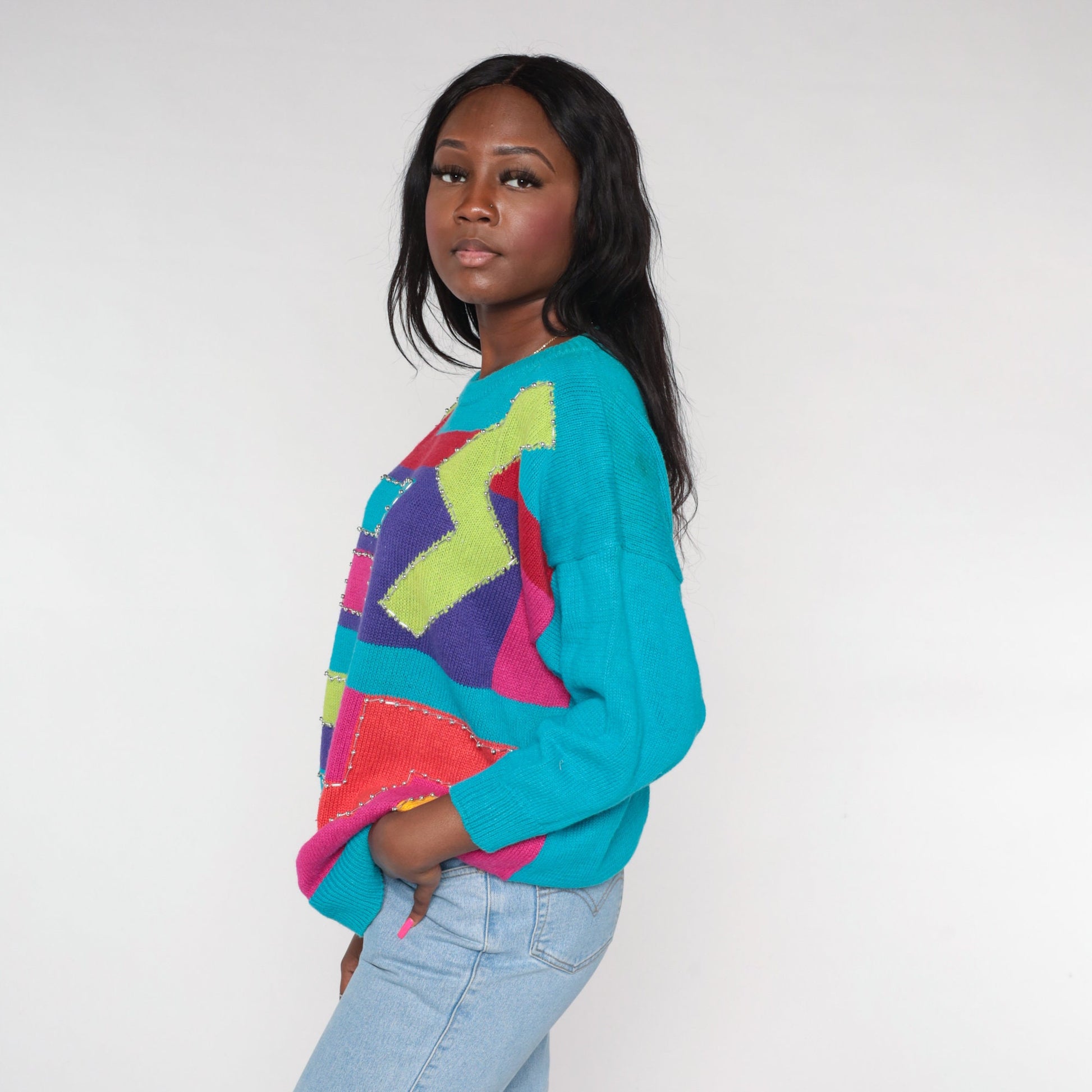 90s Geometric Beaded Sweater Turquoise Blue Abstract Knit Pullover XXL
