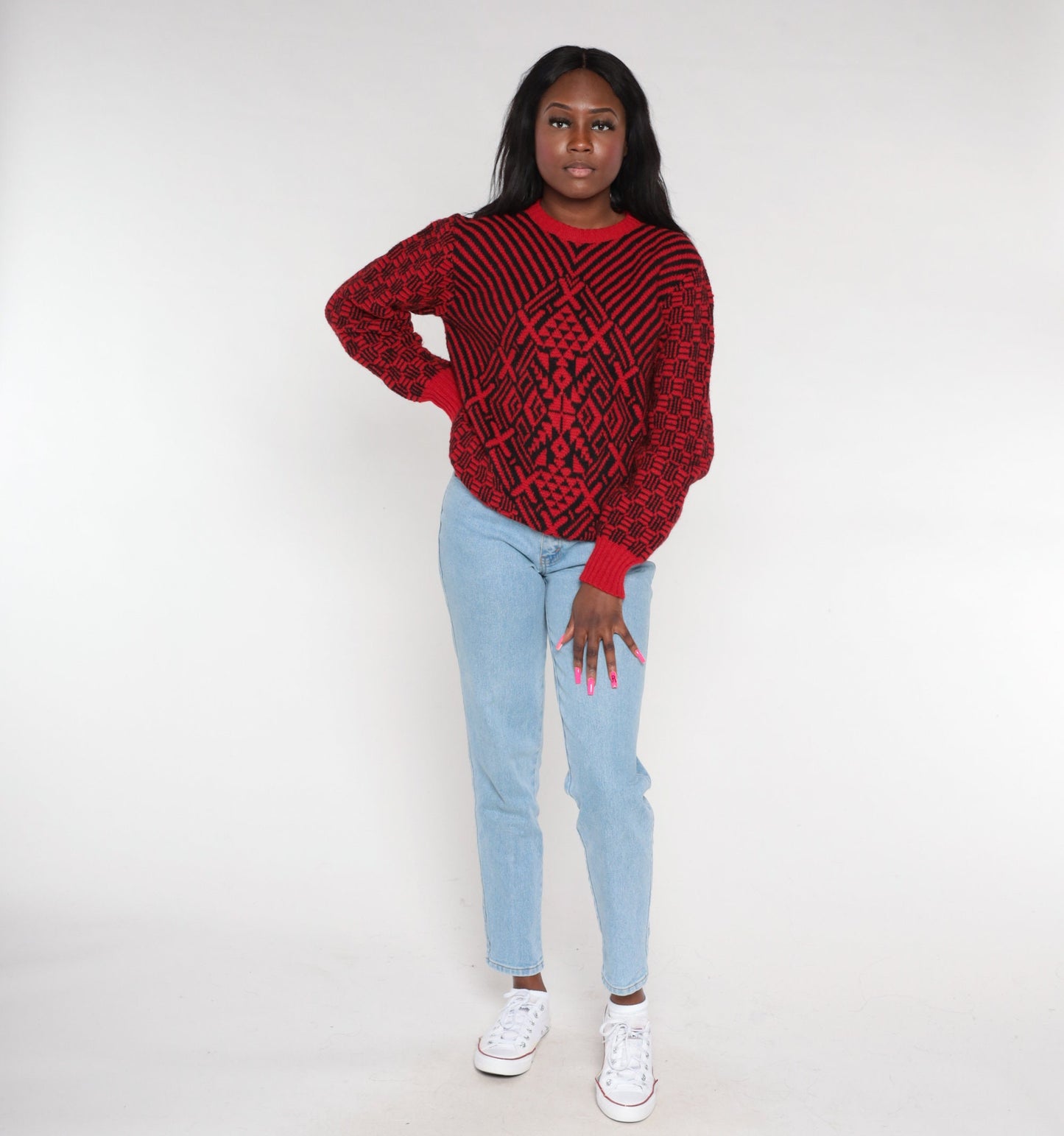 80s Saks Fifth Avenue Wool Sweater Red Geometric Black Op Art Medium M