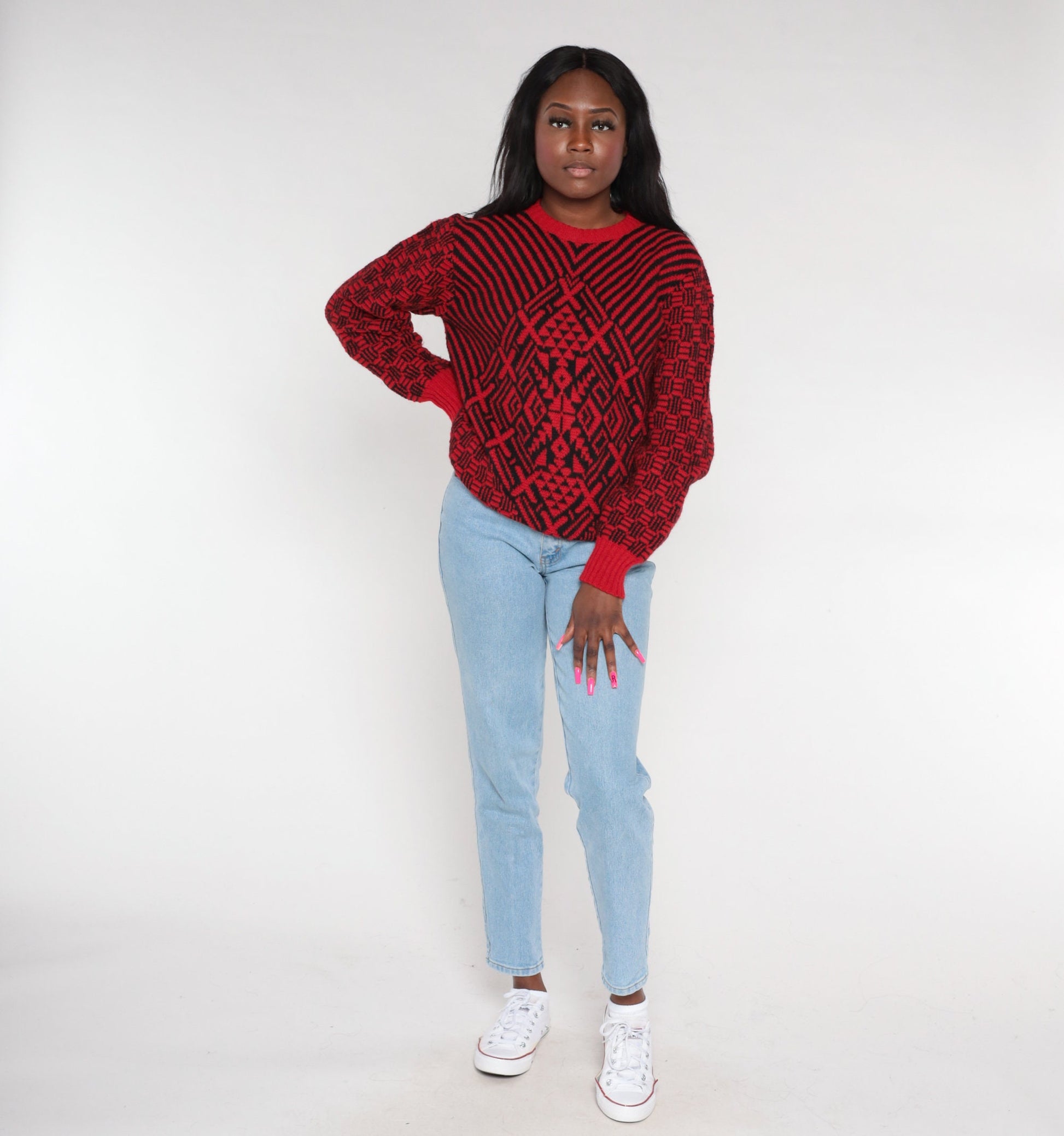 80s Saks Fifth Avenue Wool Sweater Red Geometric Black Op Art Medium M