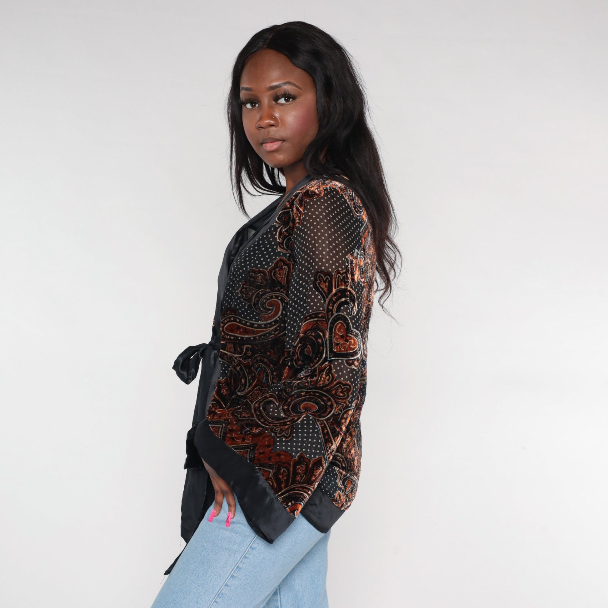 Y2K Velvet Paisley Jacket Black White Polka Dot Deep V Frog Closure Medium M