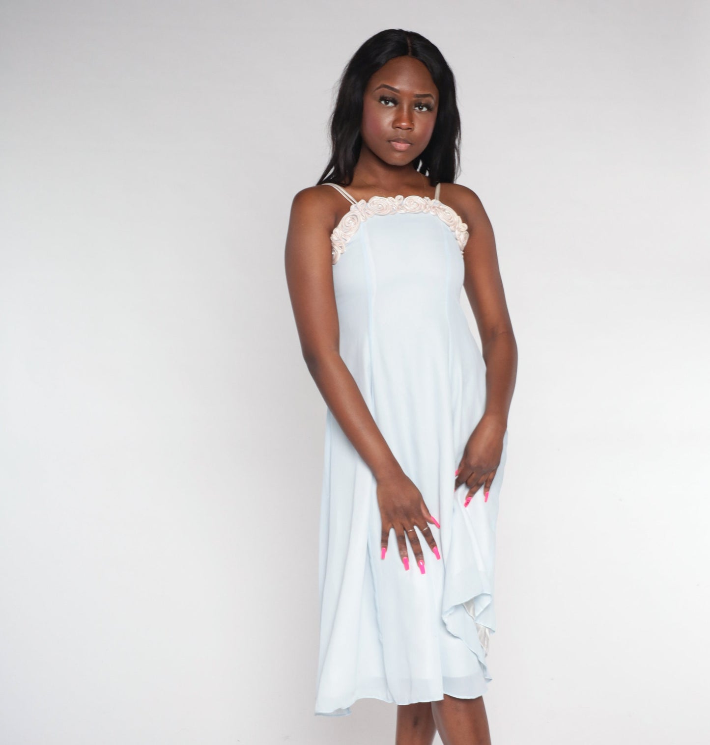 90s Pale Blue Midi Dress Pearl Beaded Rosette Neckline Sleeveless Extra Small