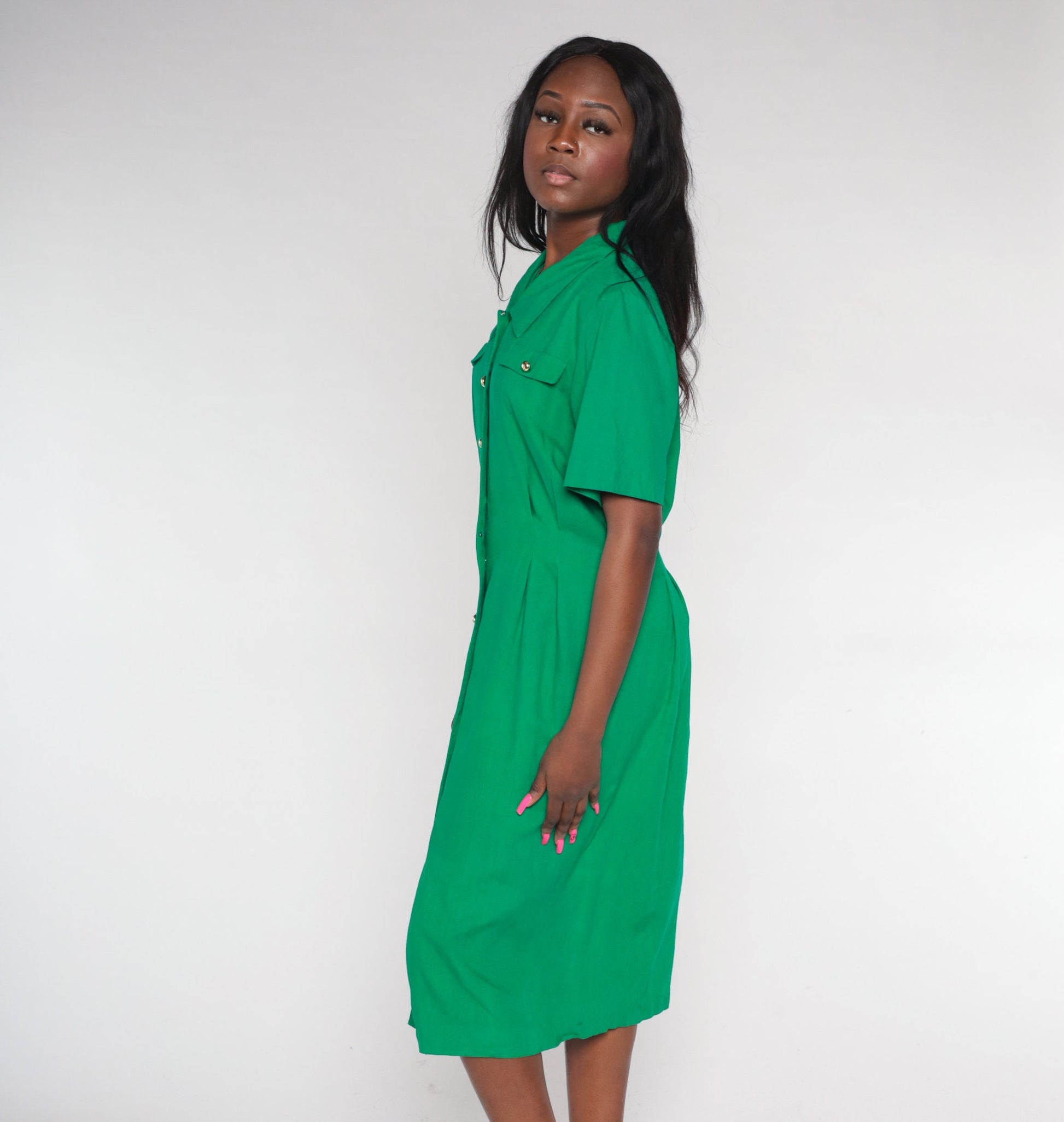 90s Green Silk Midi Shirtdress Short Sleeve Button-Up Medium
