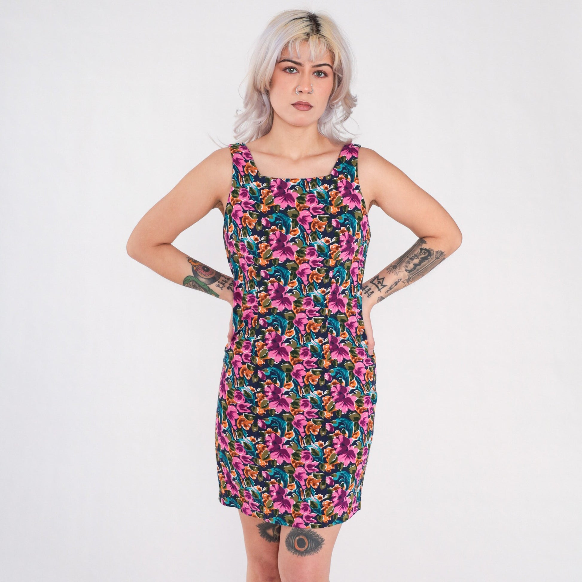 90s Floral Rayon Mini Dress Multicolored Sleeveless Sheath Small S