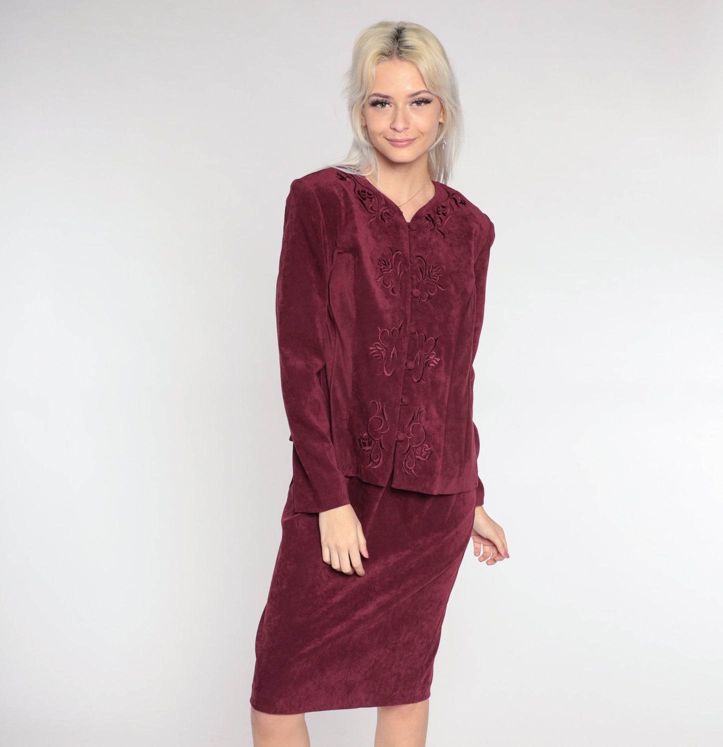 90s Karin Stevens Burgundy Floral Embroidered Midi Dress Long Sleeve Medium