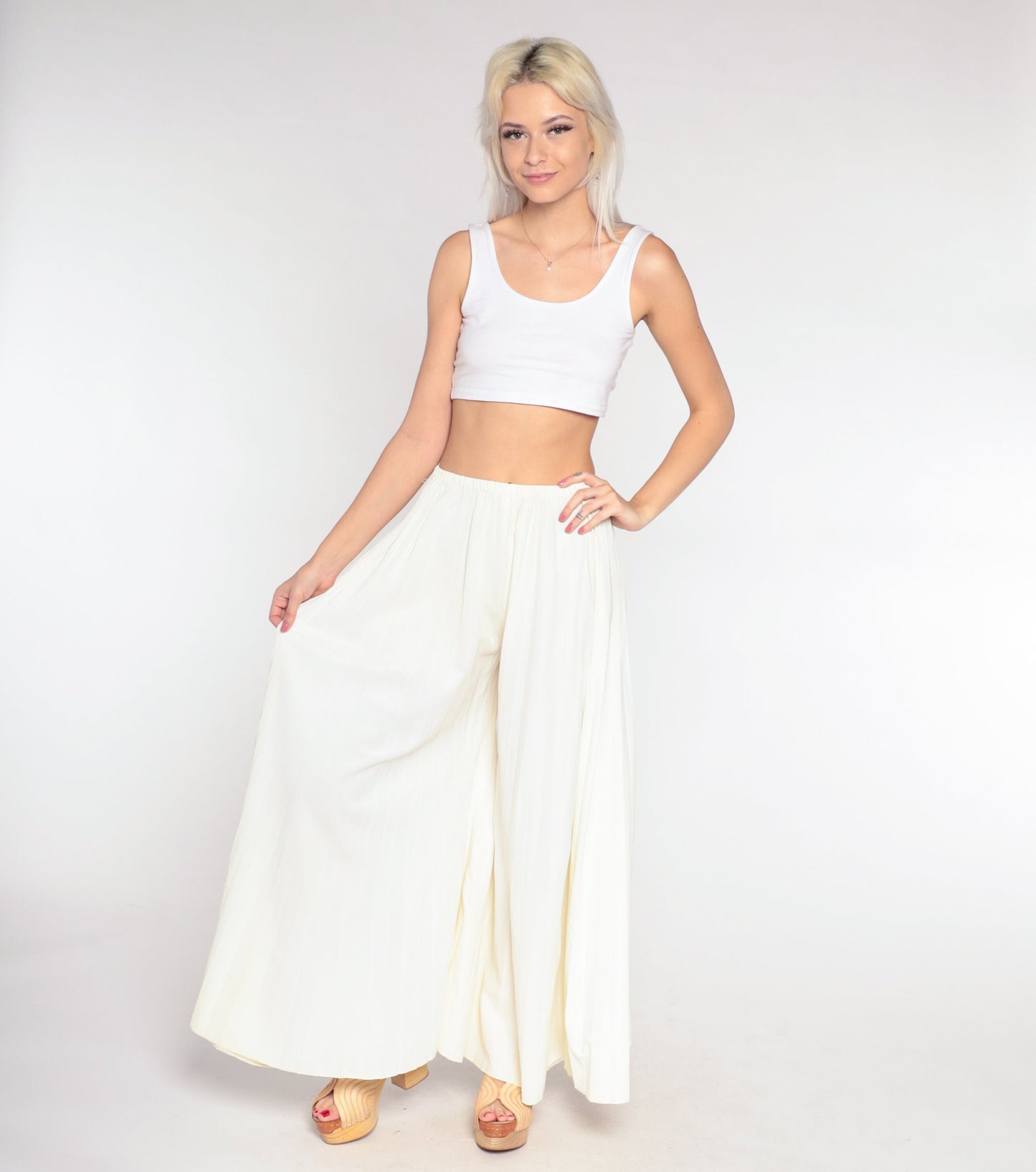 70s Cream Palazzo Pants High Waisted Wide Leg Pleated Bell Bottoms Small