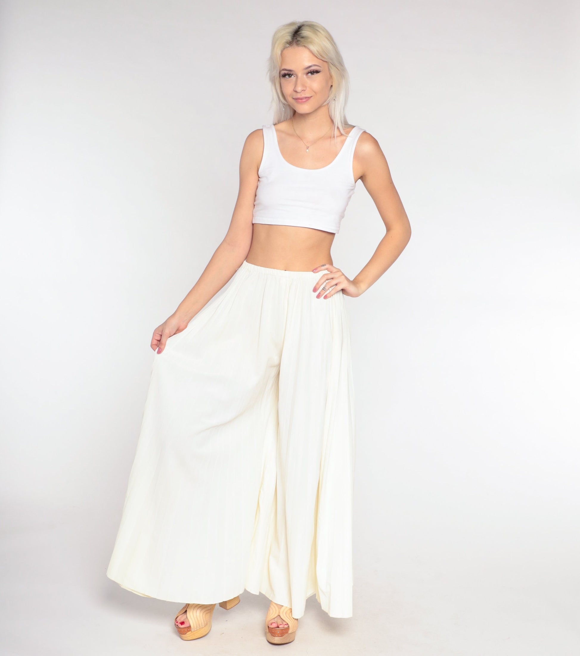 70s Cream Palazzo Pants High Waisted Wide Leg Pleated Bell Bottoms Small