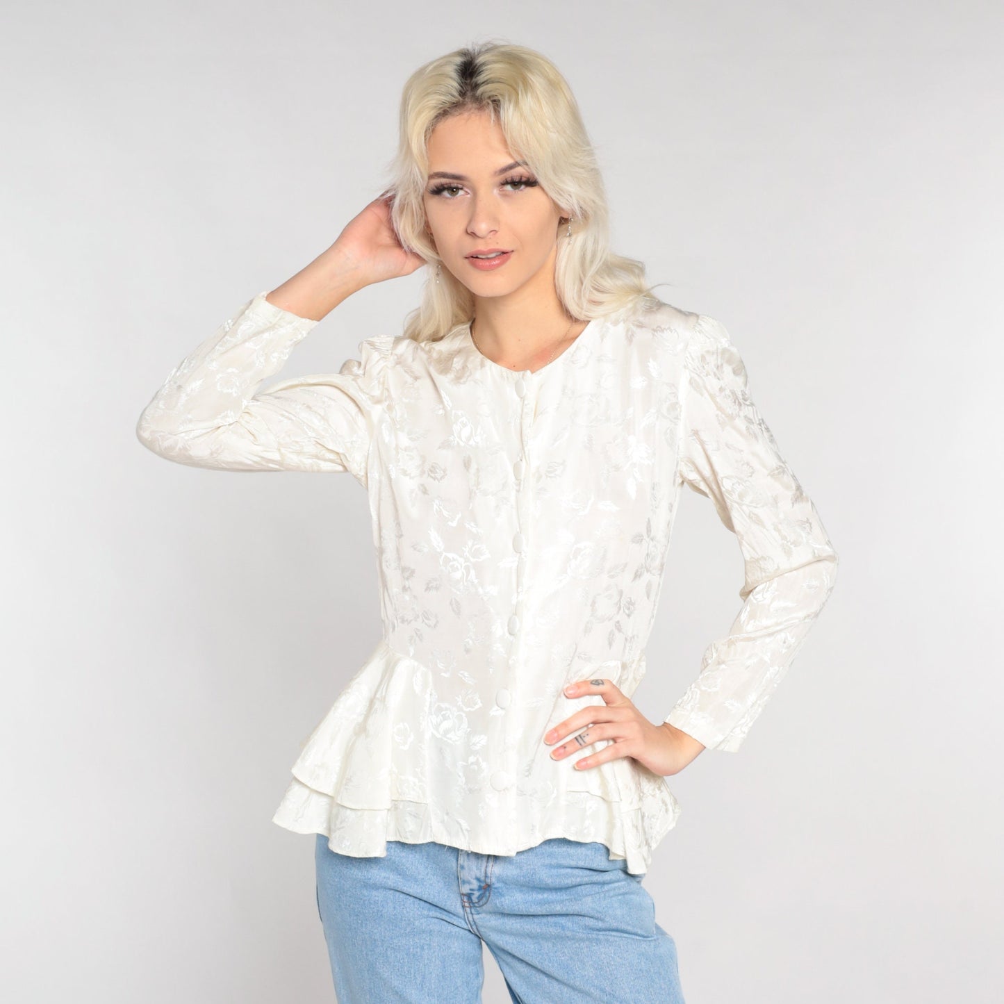 80s White Floral Embossed Peplum Blouse Puff Sleeve Button-Up Extra Small