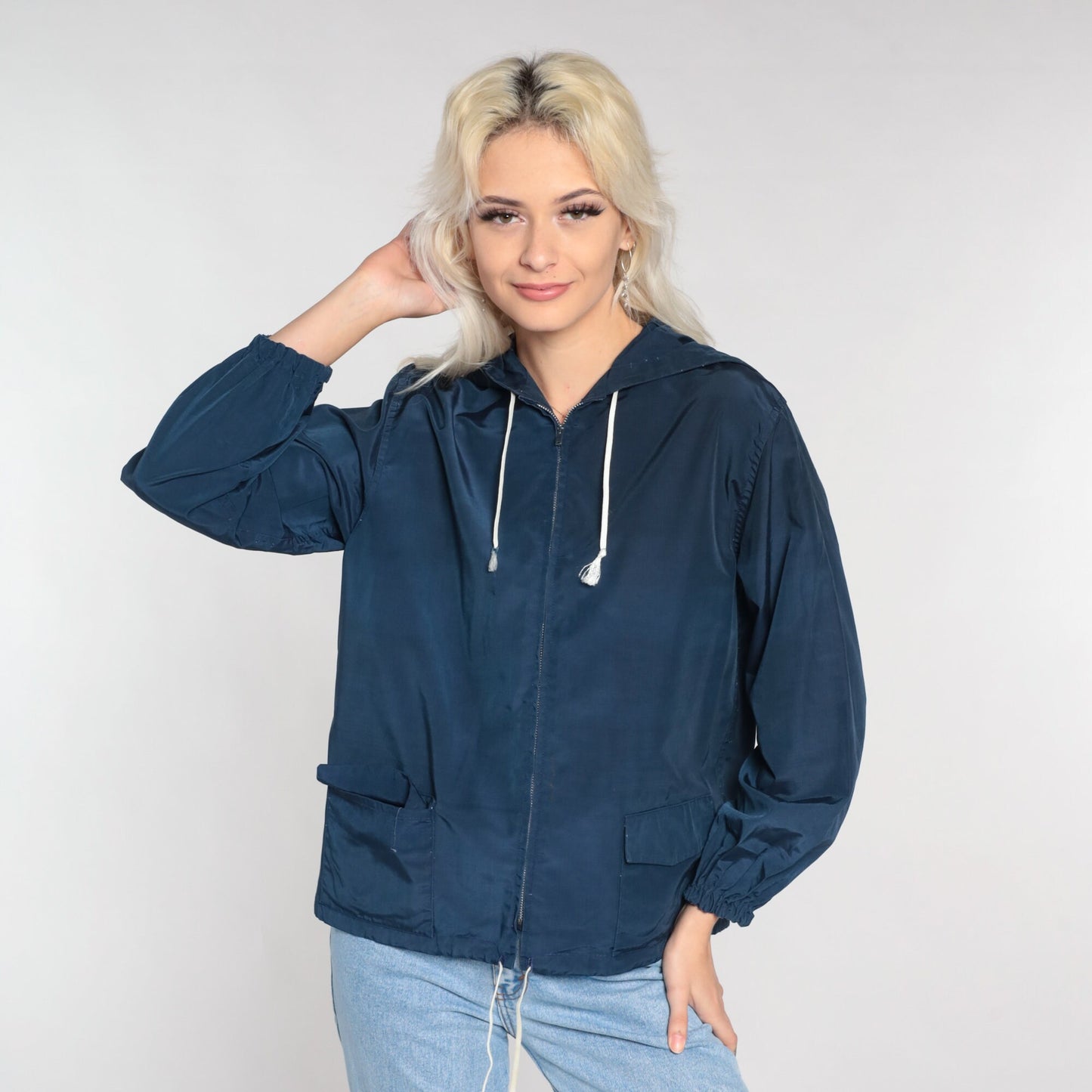 80s Navy Zip-Up Hooded Windbreaker Jacket Small S