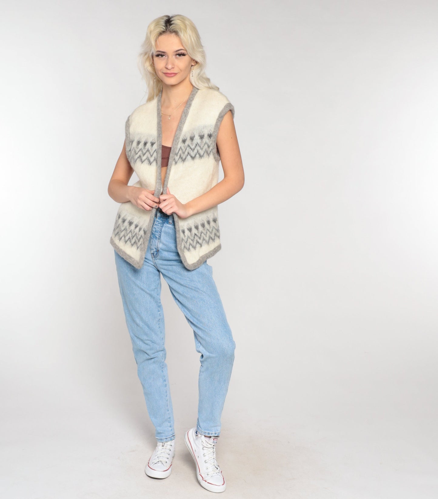 60s Wool Vest Cream Geometric Zig Zag Open Front Knit Small S