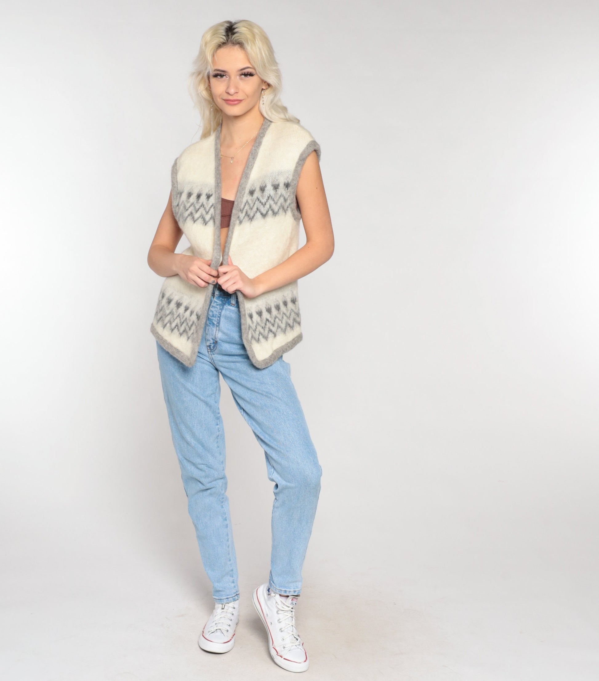 60s Wool Vest Cream Geometric Zig Zag Open Front Knit Small S