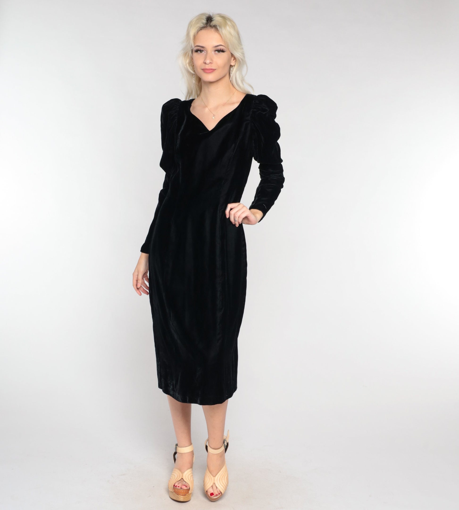 90s Black Velvet Midi Dress Puff Sleeve V-Neck Low Back Medium