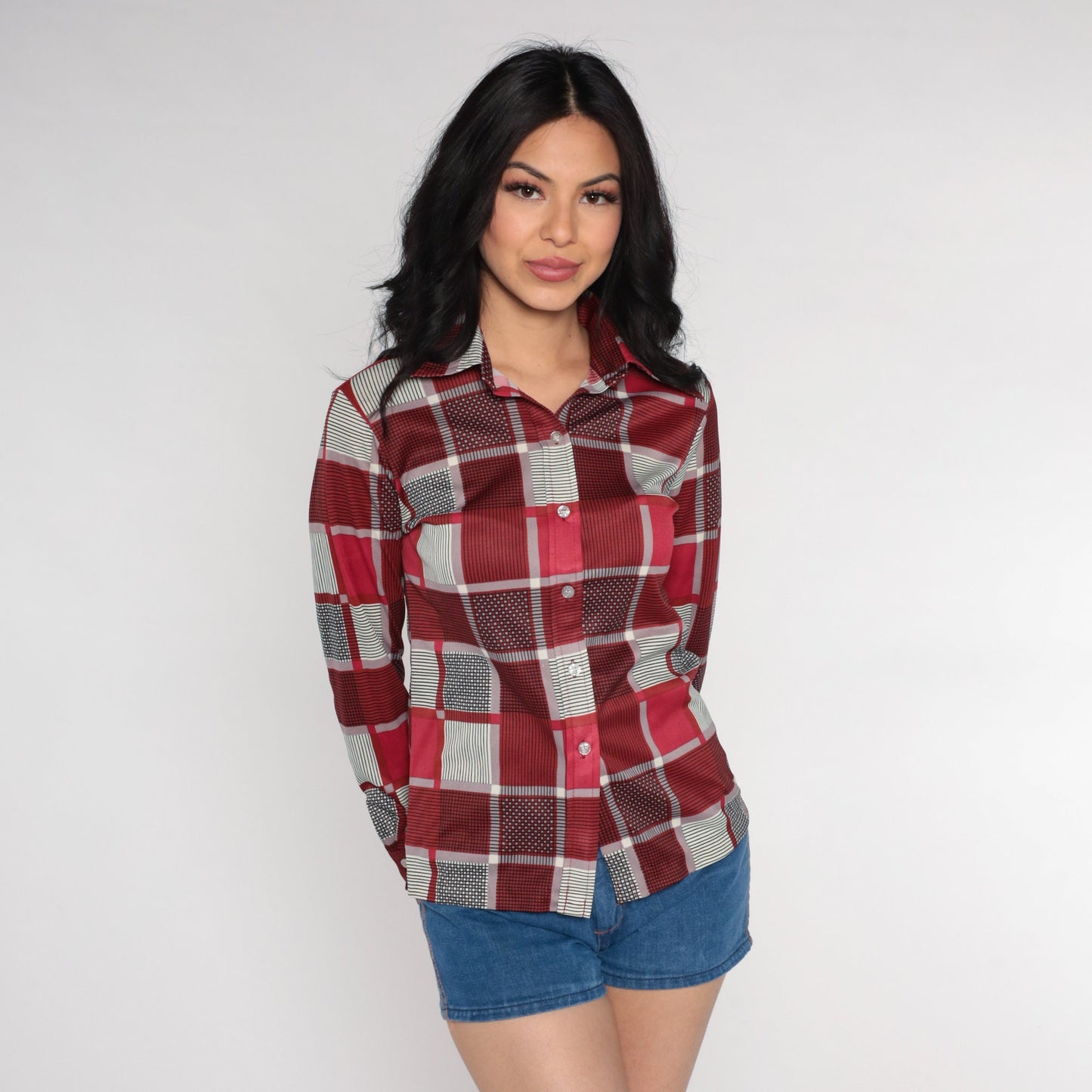 70s Red Checkered Button-Up Blouse Long Sleeve Collar Shirt Small