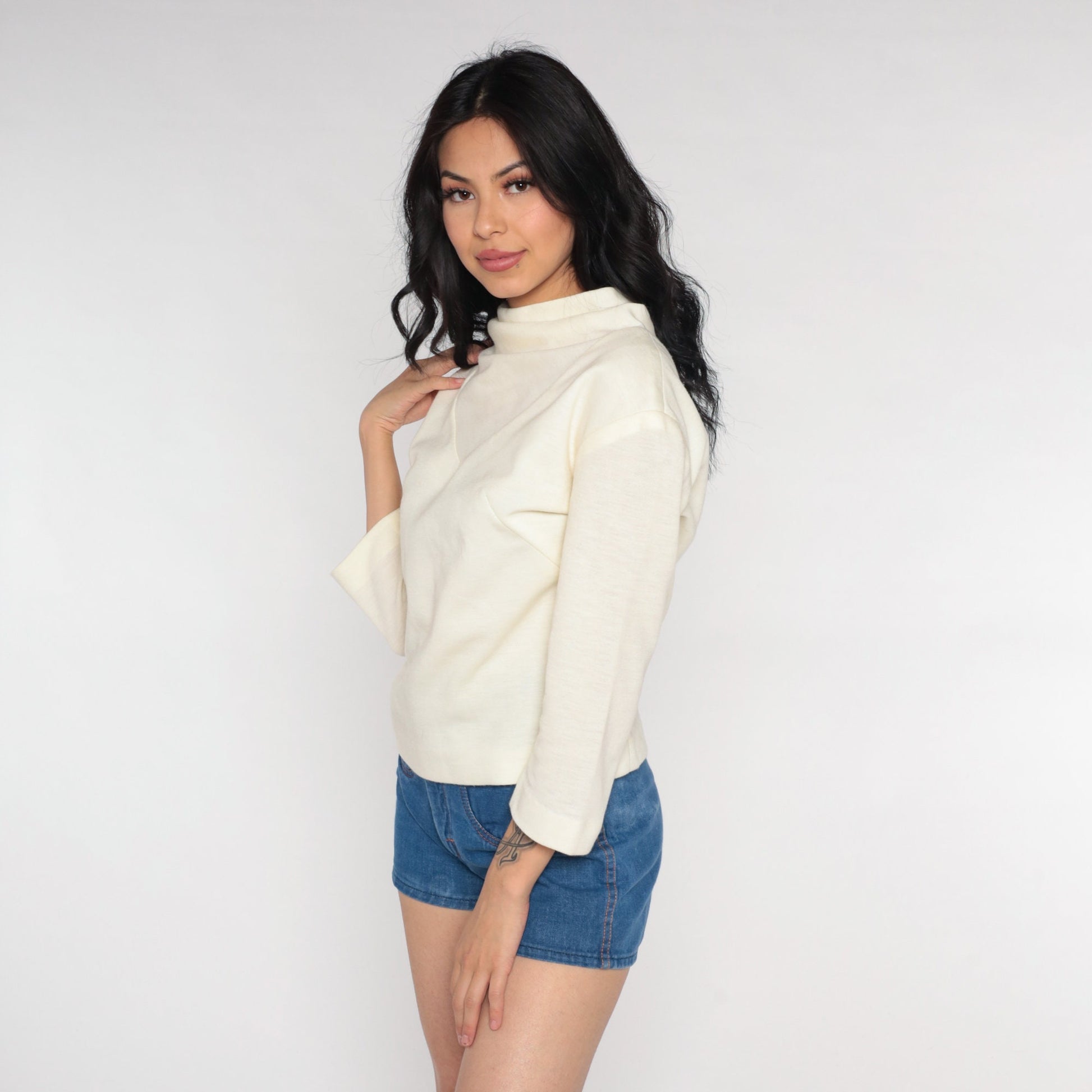 70s Off-White Mock Neck Blouse Long Sleeve Polyester Wool Blend Small S