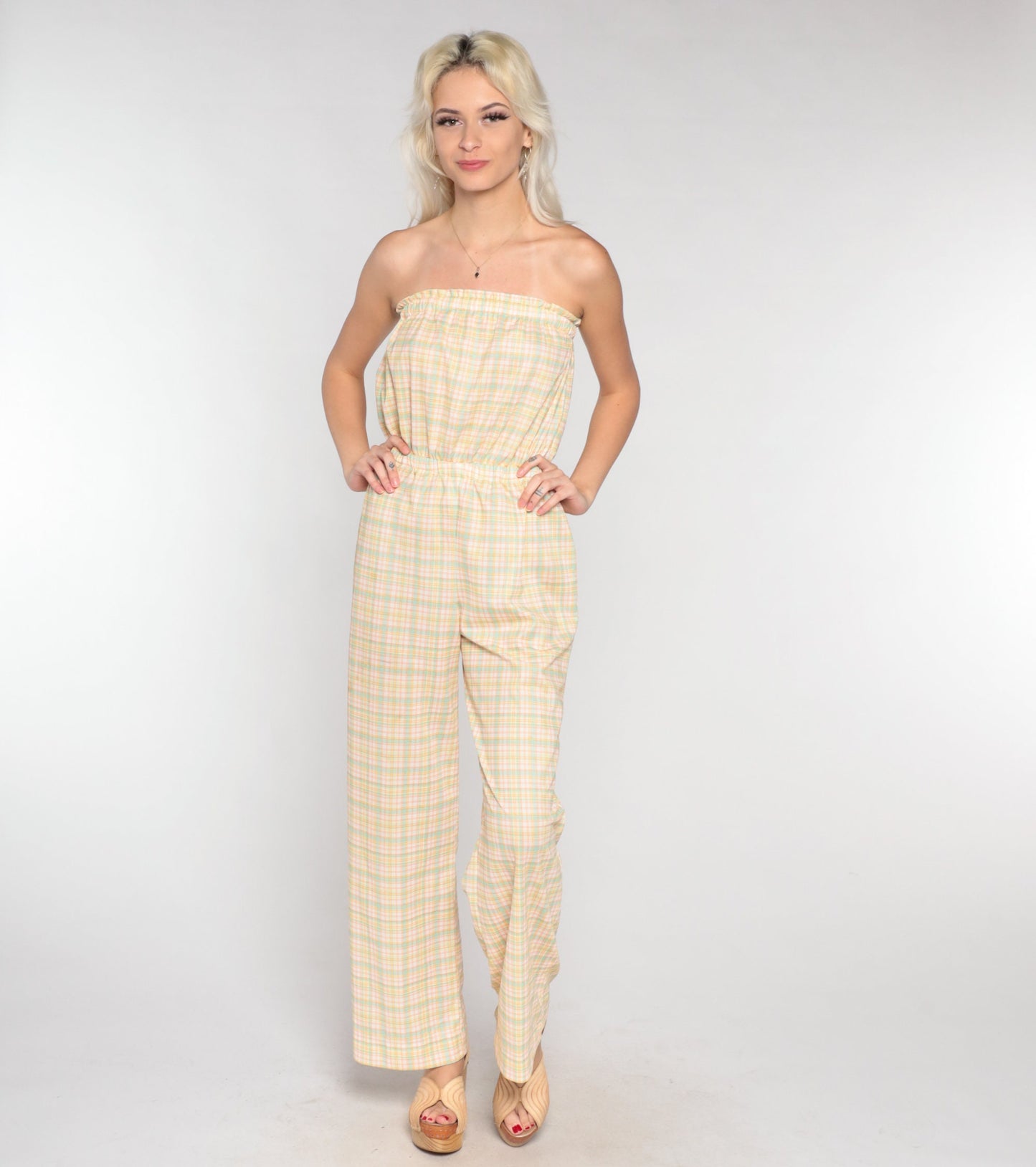 70s Plaid Strapless Jumpsuit Straight Leg High Waist White Yellow Small