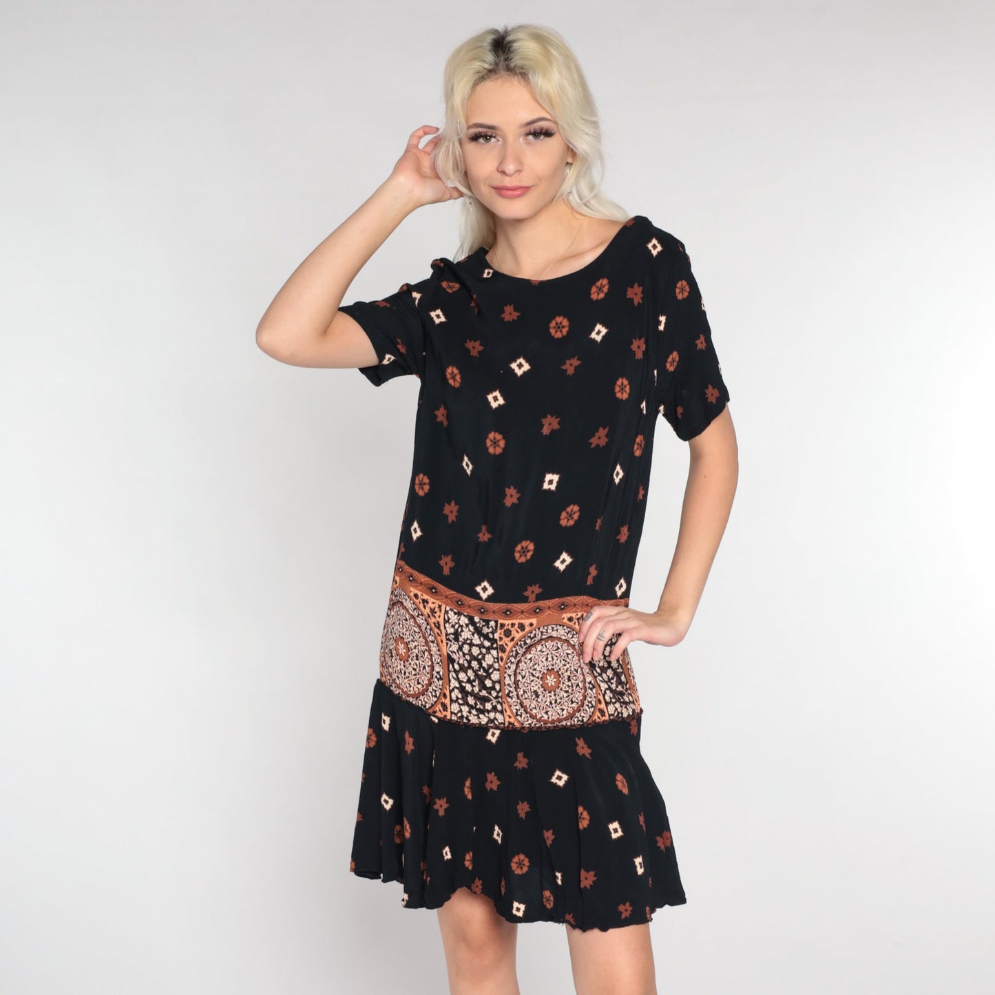 90s Black Mini Dress Abstract Floral Tile Print Short Sleeve Small S