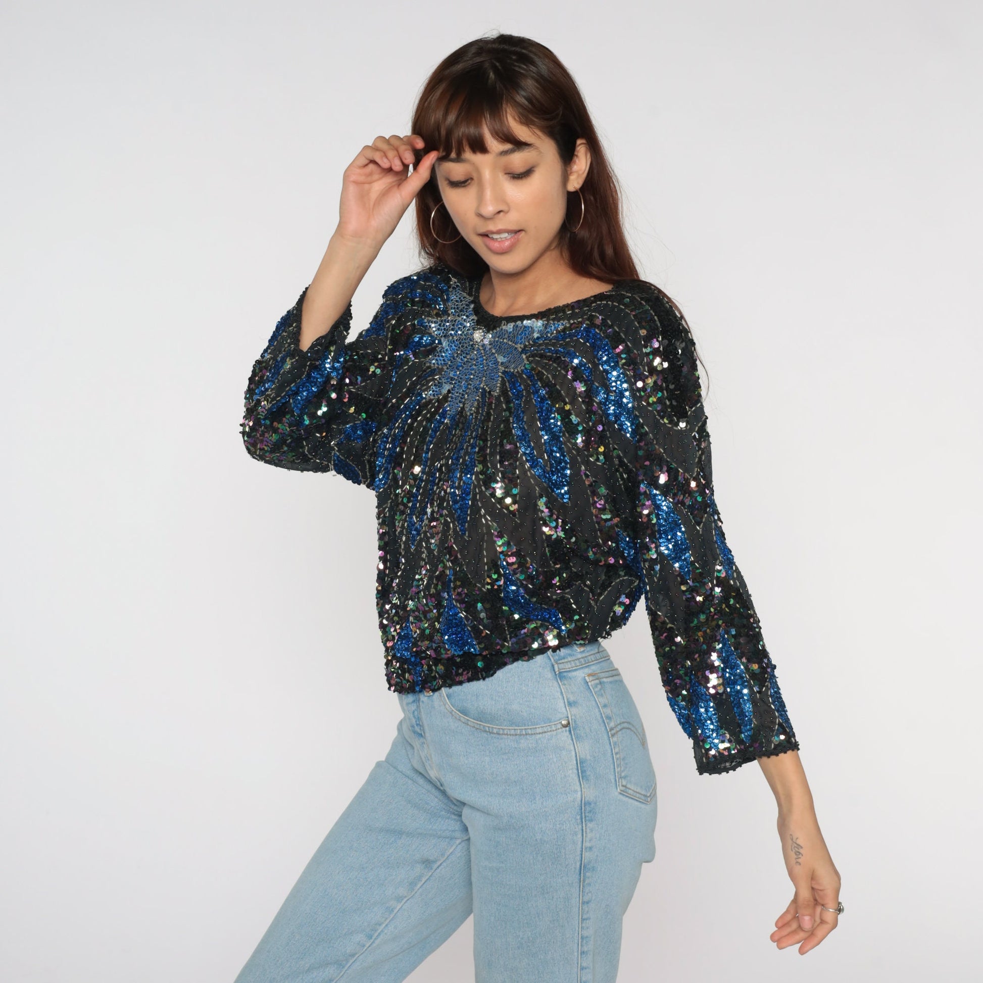 80s Black Sequin Beaded Blouse Blue Floral Dolman Sleeve Medium Large