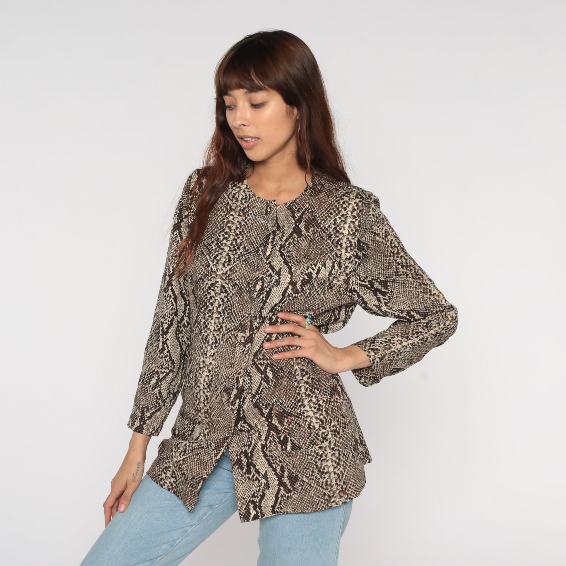 80s Flora Kung Silk Snakeskin Scale Print Blouse Brown Button Up Small