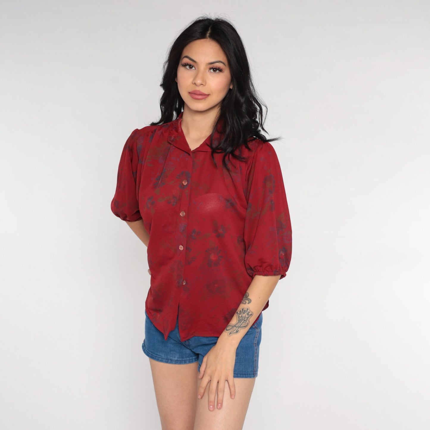70s Red Floral Puff Sleeve Button-Up Blouse Semi-Sheer Collared Medium Large