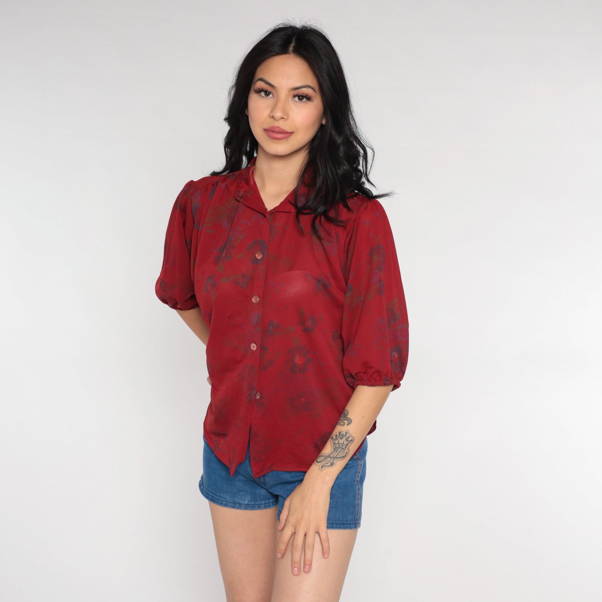 70s Red Floral Puff Sleeve Button-Up Blouse Semi-Sheer Collared Medium Large