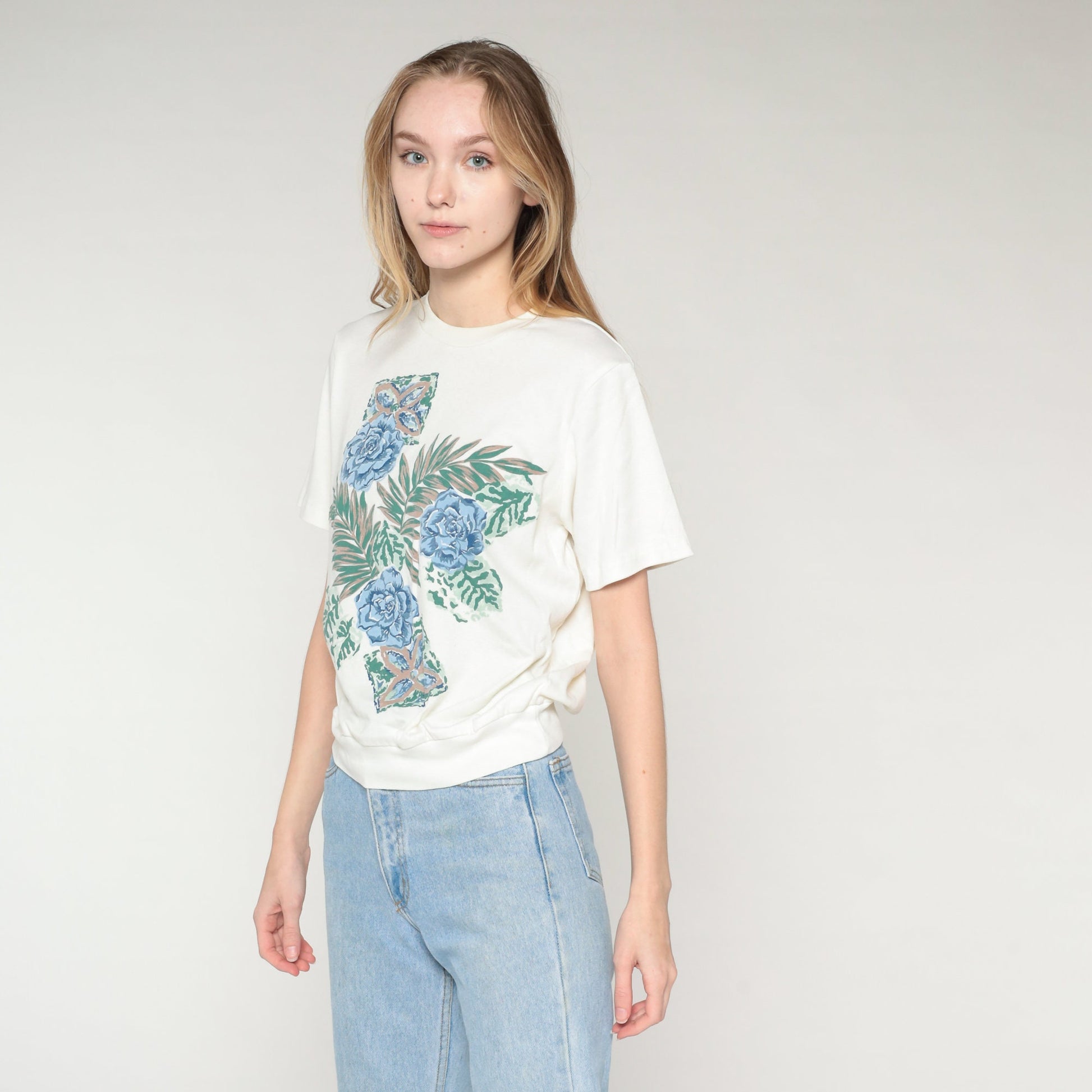 90s Floral Leaf Print T-Shirt White Banded Hem Graphic Tee Medium