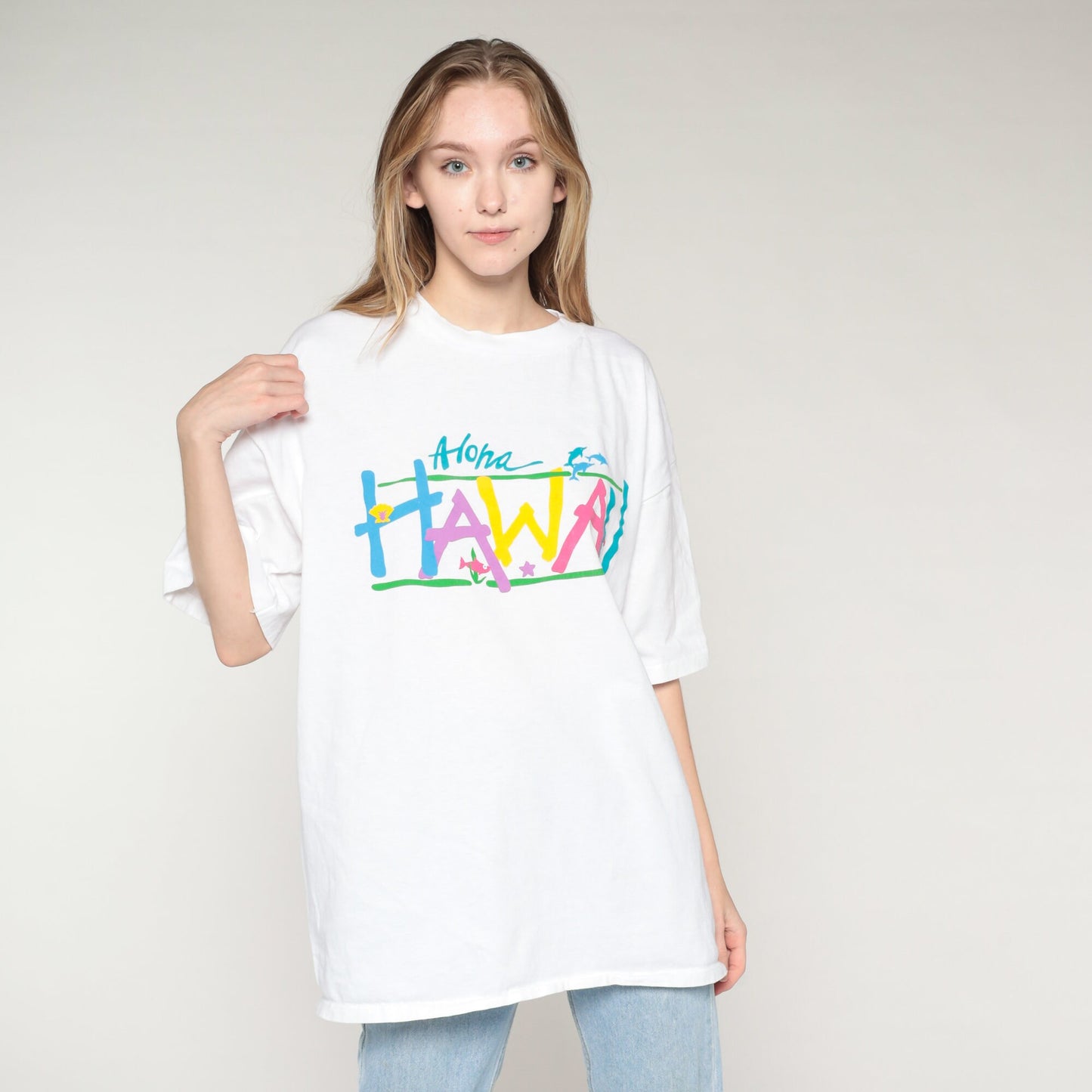 90s Hawaii Aloha Graphic T-Shirt Dolphins Tropical Fish Stars White XL