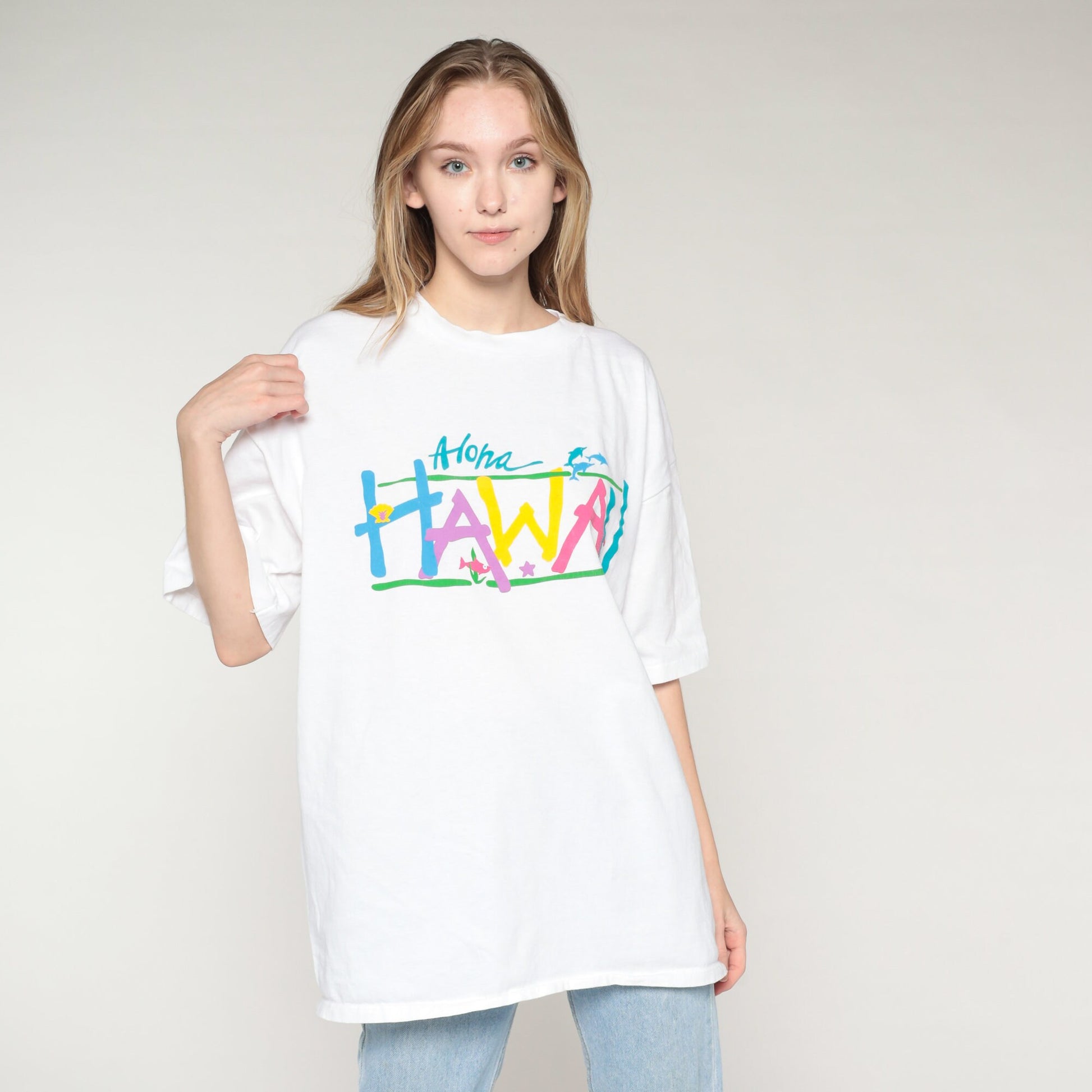 90s Hawaii Aloha Graphic T-Shirt Dolphins Tropical Fish Stars White XL