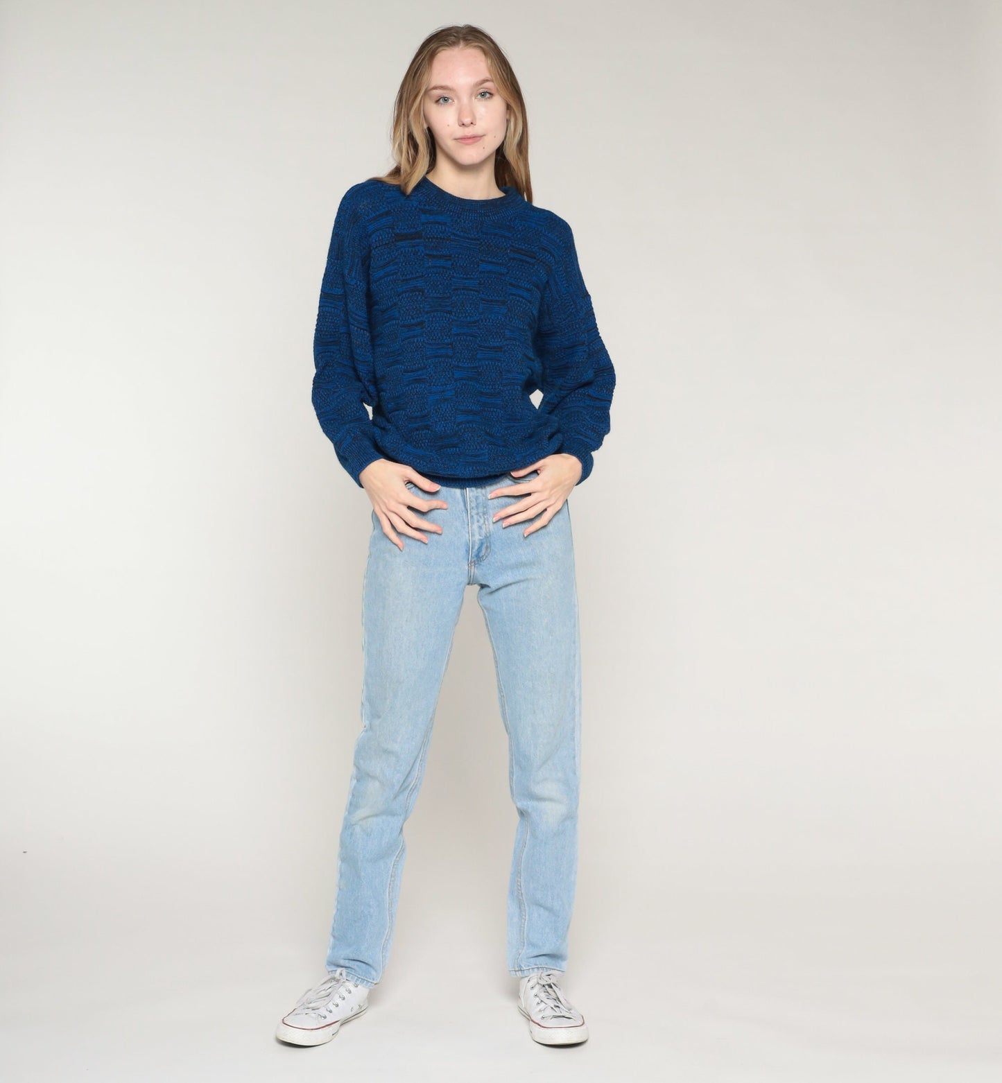 80s Blue Abstract Knit Sweater Crewneck Pullover Medium M