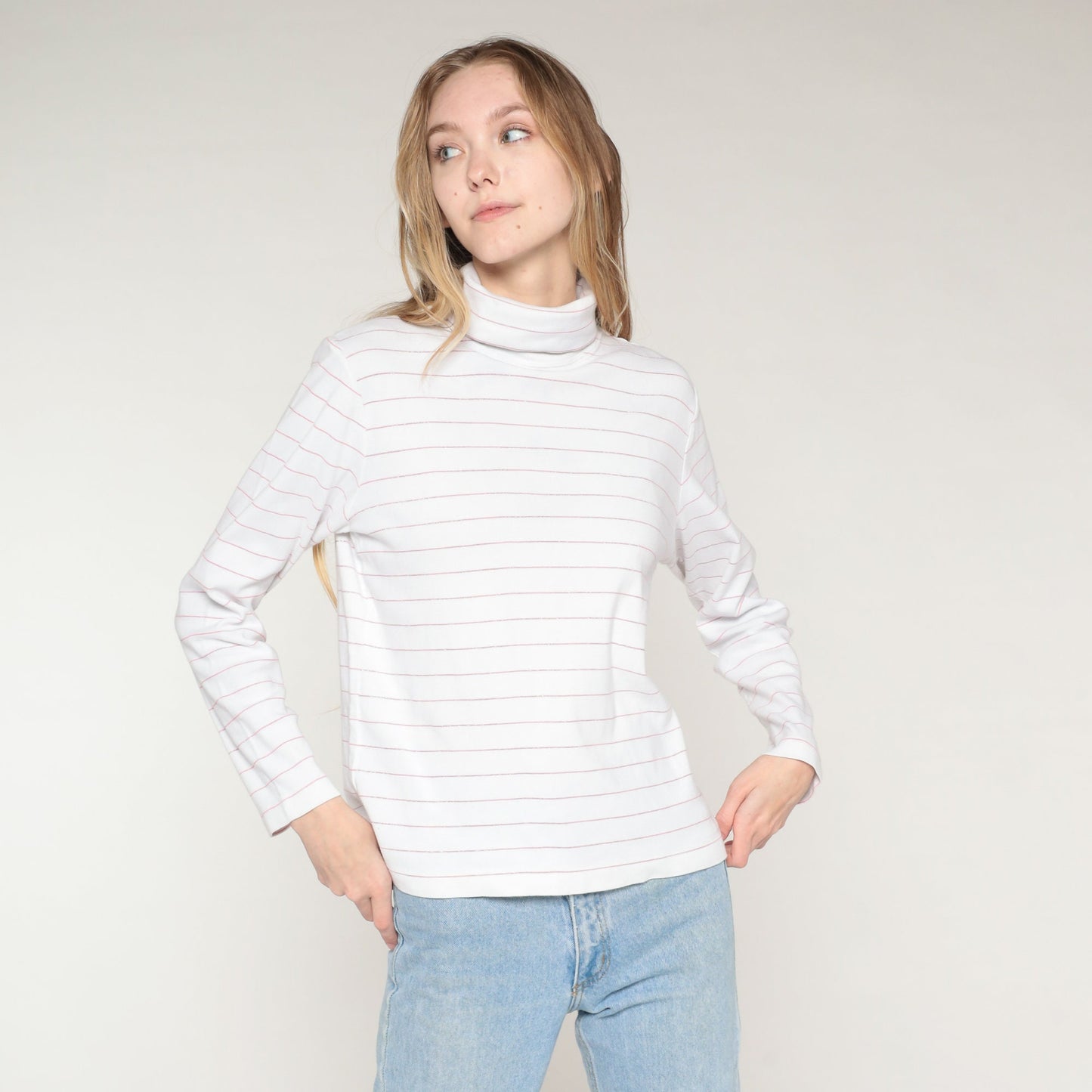 90s Striped Turtleneck Long Sleeve Shirt White Pink Metallic Medium M