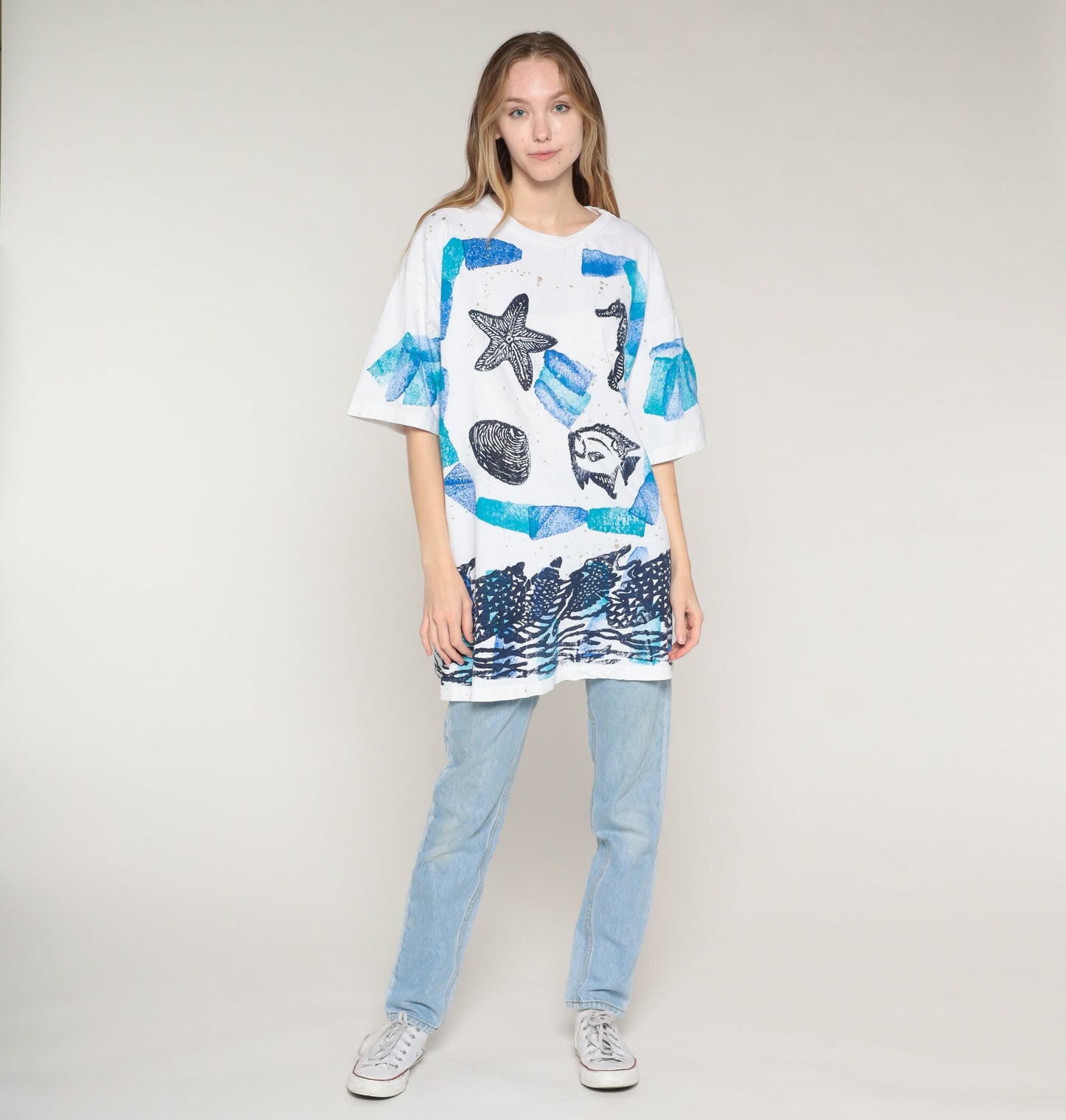 90s Under The Sea Tropical Fish T-Shirt Paint Stamp Graphic White Gold Flecks Extra Extra Large XXL