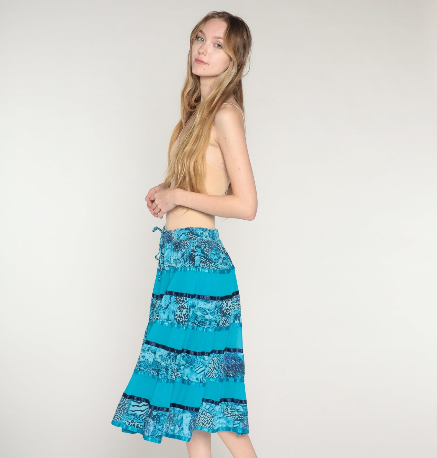 00s Blue Tiered Midi Skirt Animal Print Ribbon Trim Cotton Small