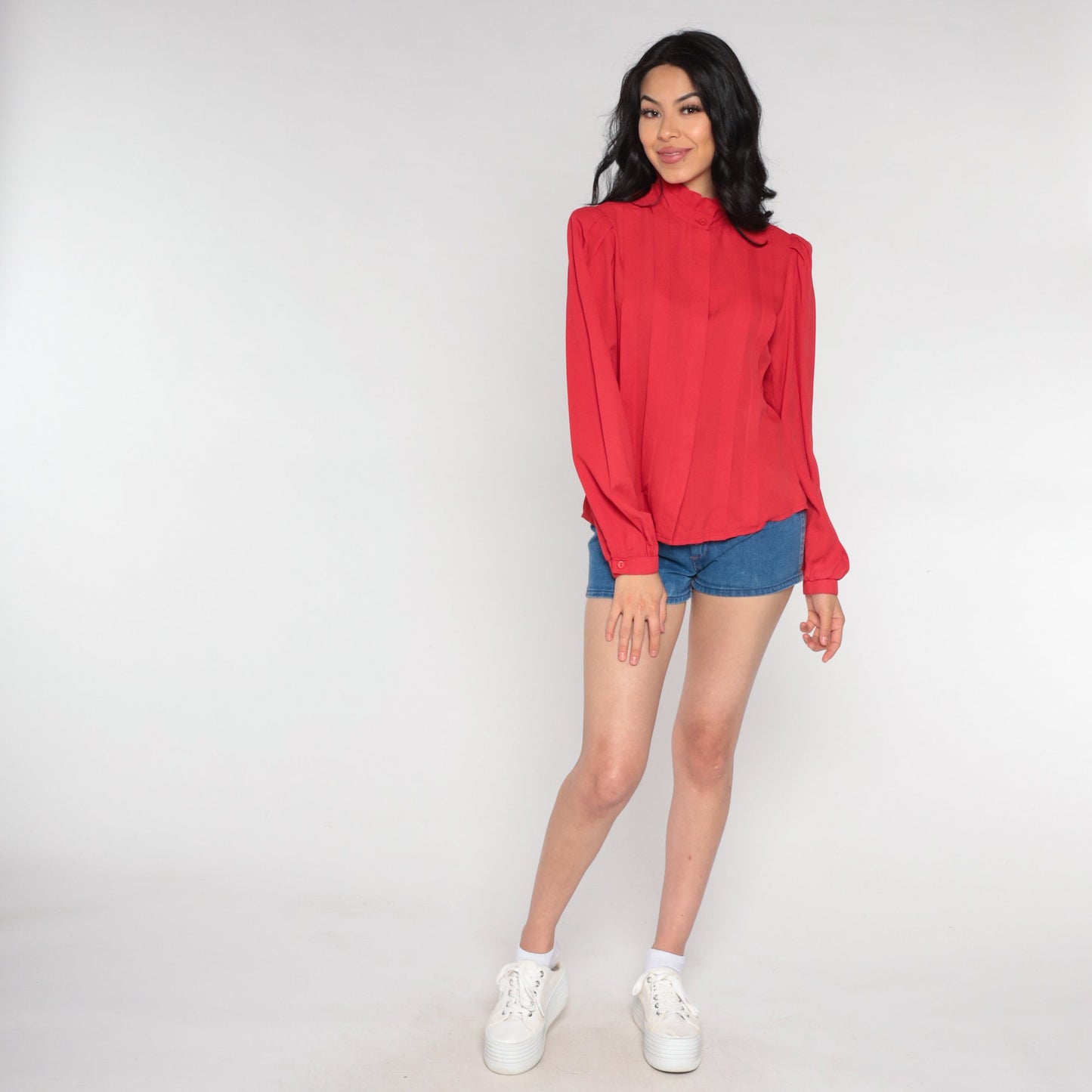 80s Red Puff Sleeve Blouse High Ruffled Neck Pleated Secretary Top Medium