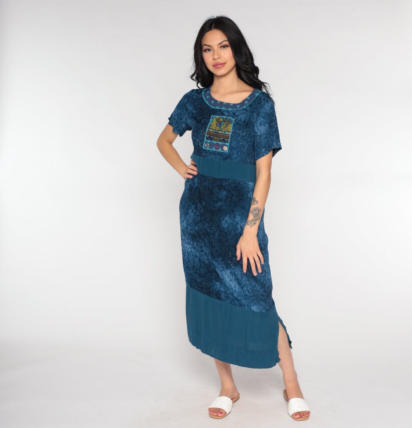 00s Dark Blue Vine Print Midi Dress Geometric Patch Side Slit Small S