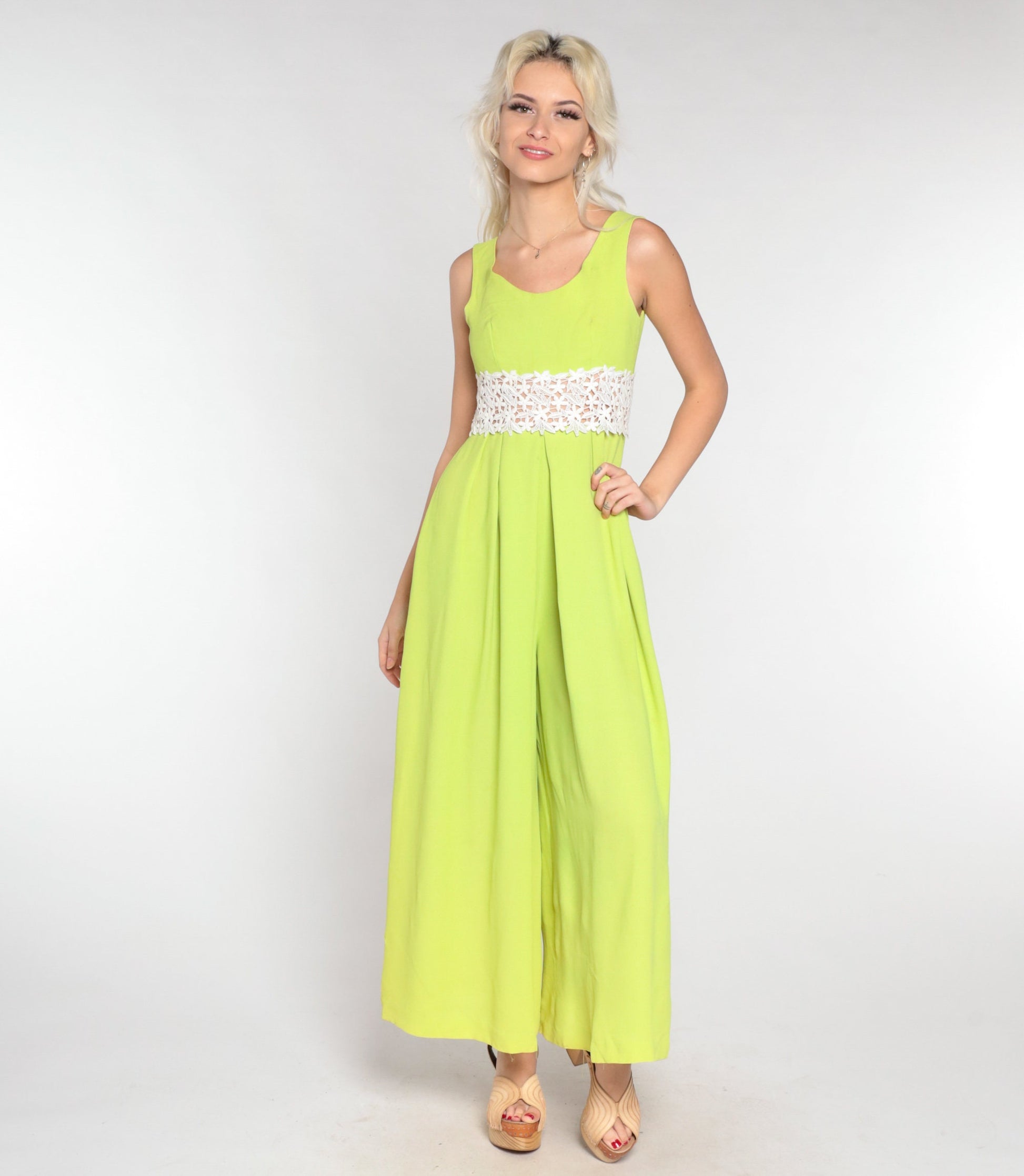 70s Lime Green Jumpsuit Wide Leg Floral Crochet Sleeveless Small