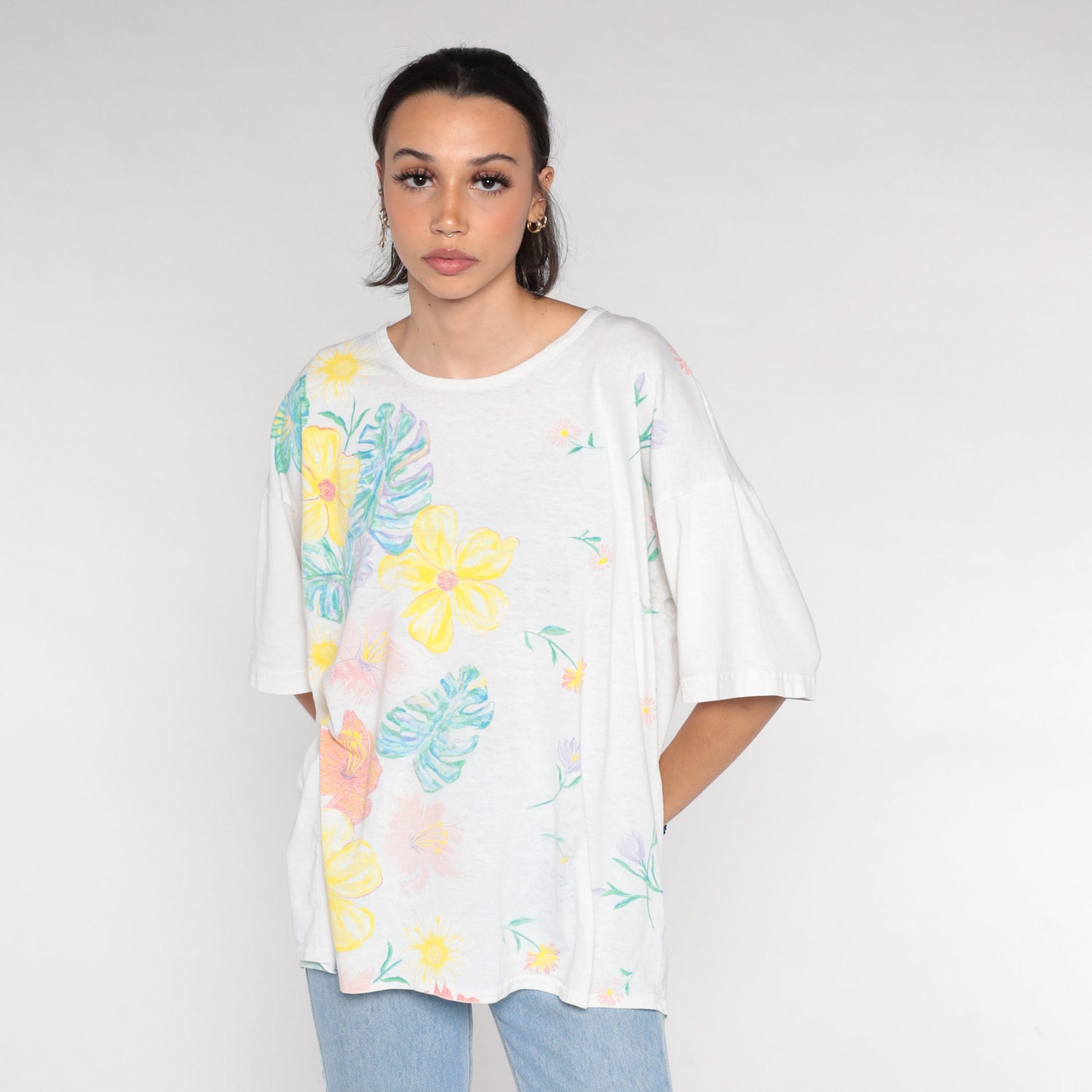 90s Painted Floral Monstera Leaf Graphic T-Shirt White Cotton Tee One Size
