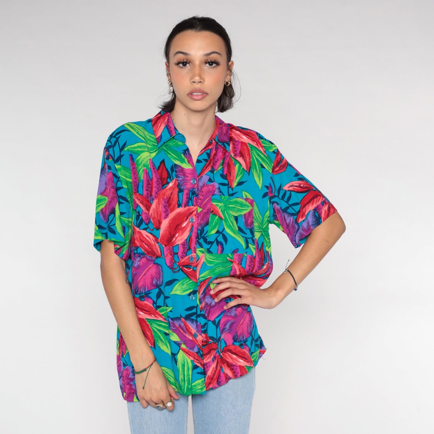 90s Hawaiian Floral Button-Up Blouse Blue Short Sleeve Medium