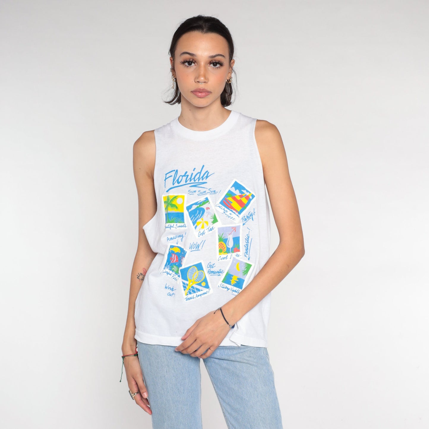 90s Florida Vacation Muscle Tank White Graphic Tourist Tee Small