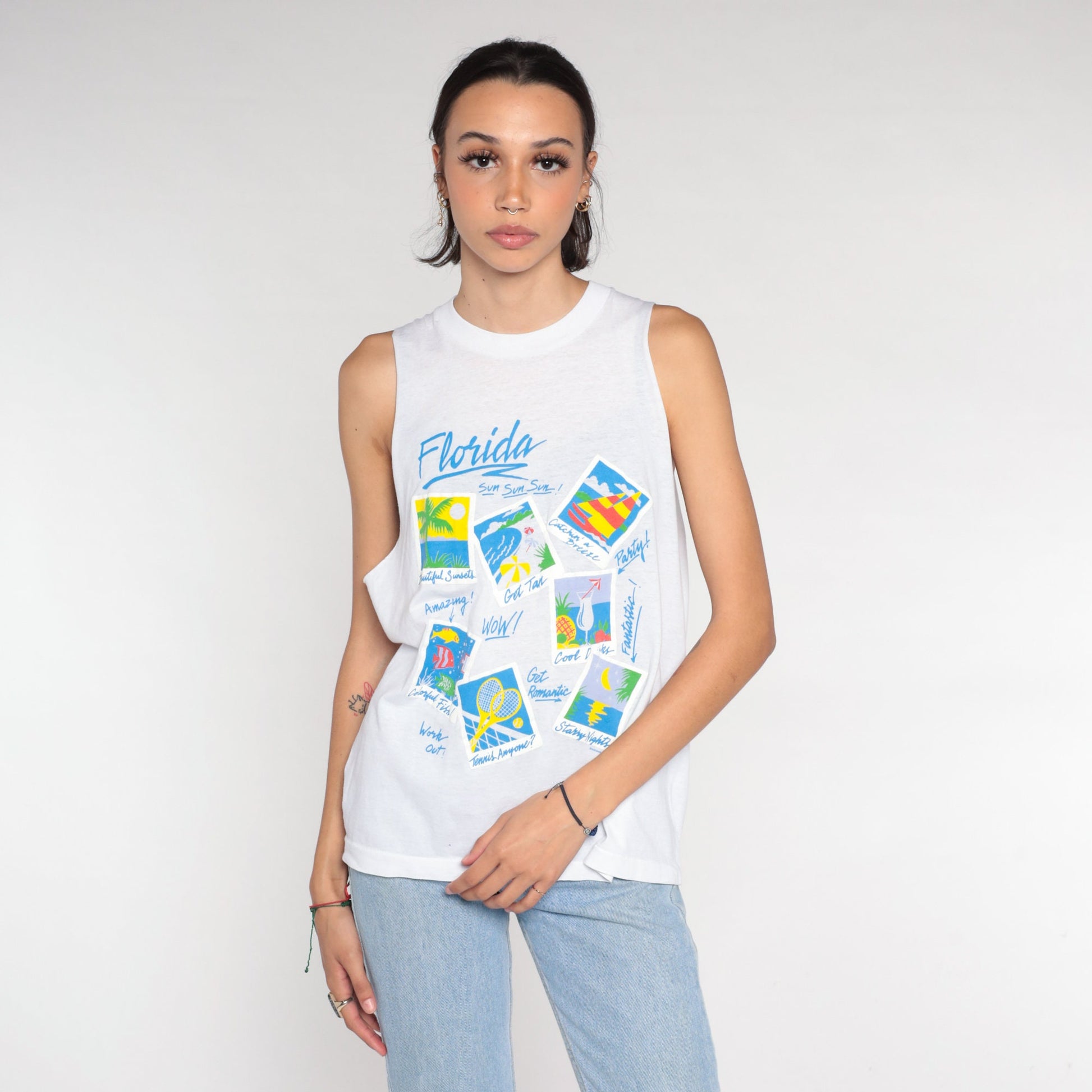 90s Florida Vacation Muscle Tank White Graphic Tourist Tee Small