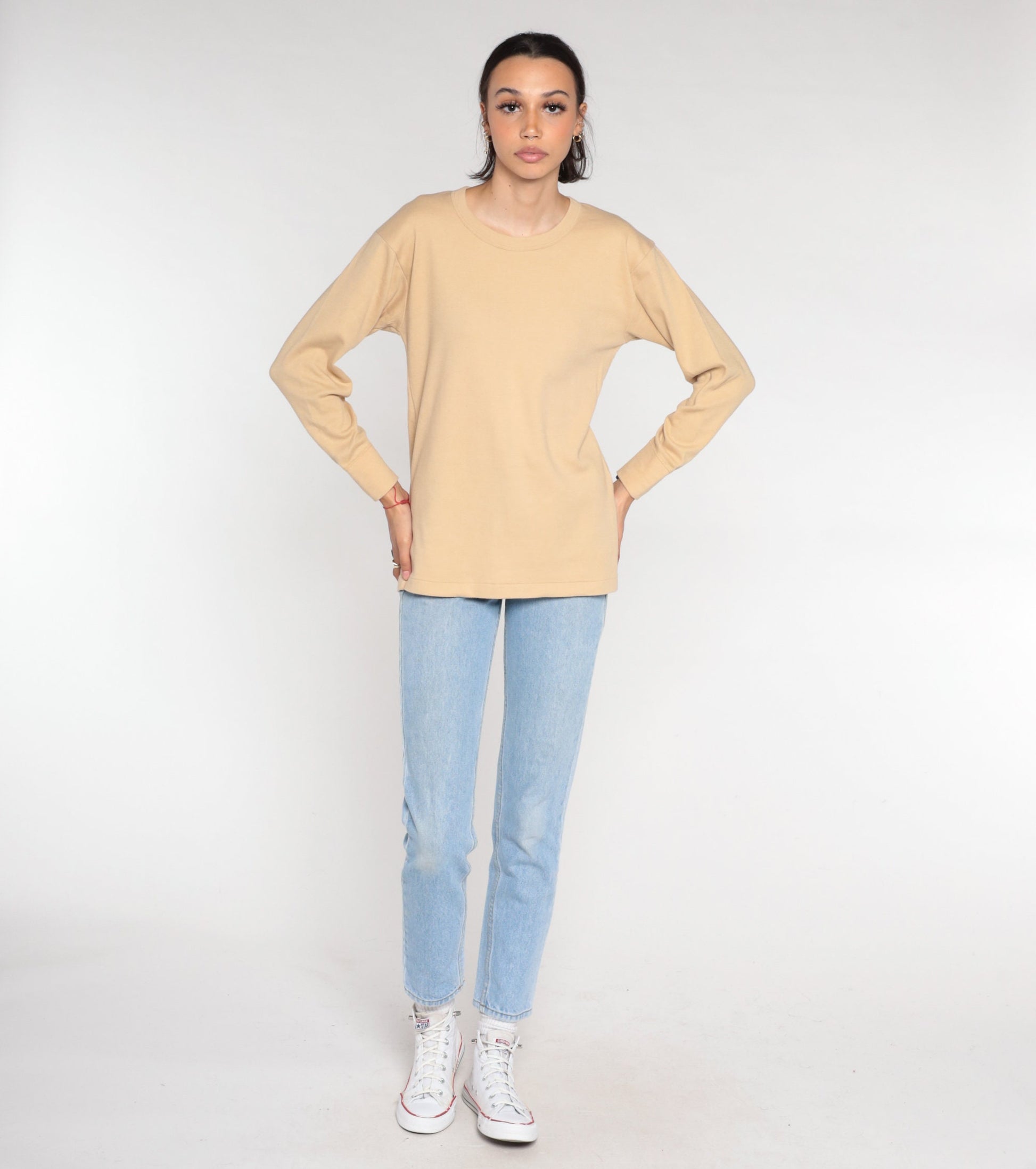 00s Tan Long Sleeve T-Shirt Plain Crewneck Cotton Blend Large L